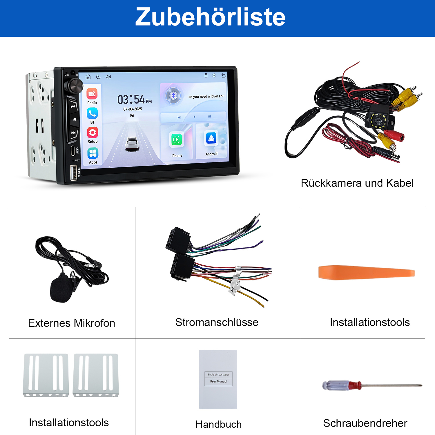 Das Bild zeigt Autoradio-Komponenten: Radio, Rückfahrkamera, Mikrofon, Verkabelung, Werkzeuge, Handbuch und Schraubendreher.