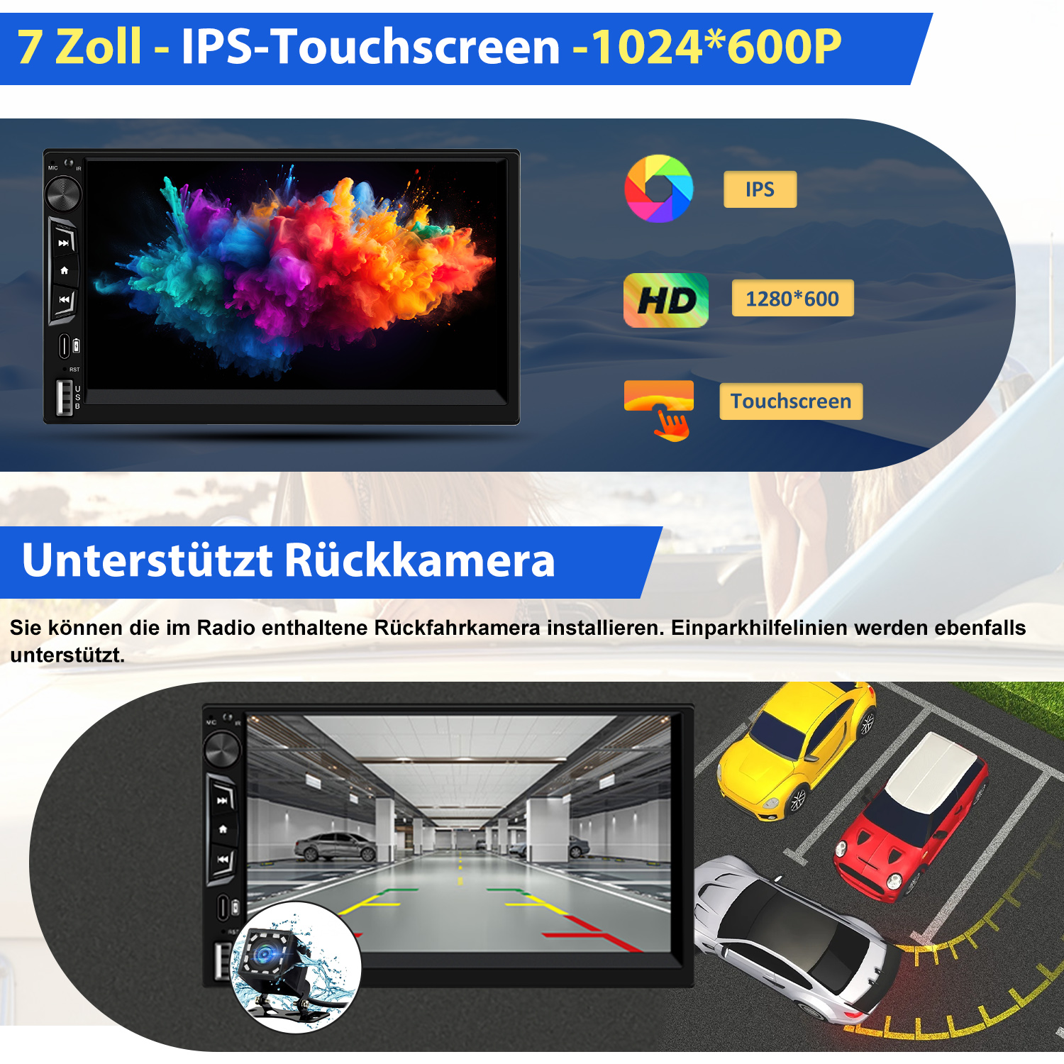 Autoradio mit Touchscreen, das bunte abstrakte Kunst zeigt. Zu den Funktionen gehören eine Rückfahrkamera, HD-Anzeige und Parkassistentlinien.