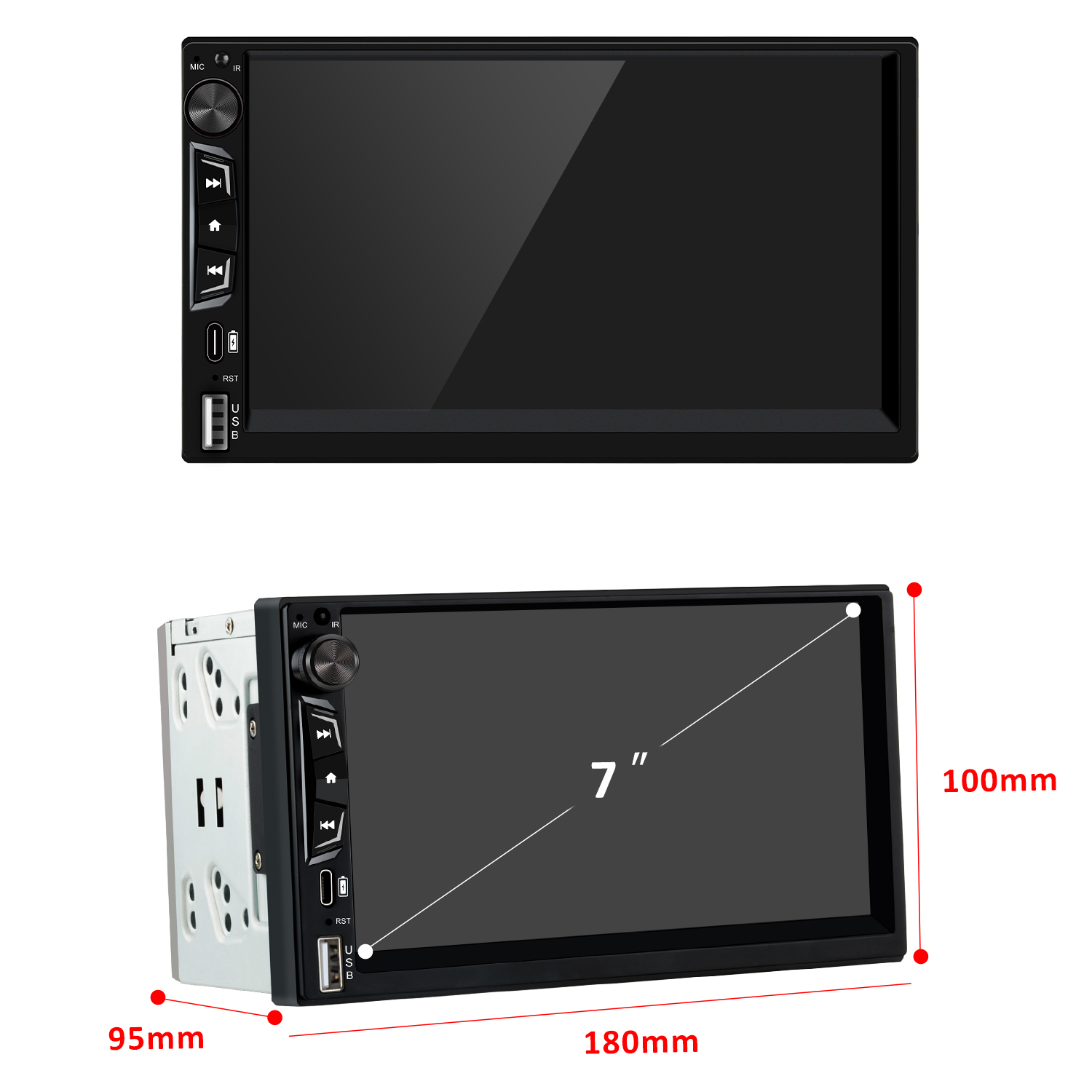 Radio samochodowe z 7-calowym ekranem. Ma przyciski sterowania multimediami i porty USB. Wymiary: 180x100x95mm.