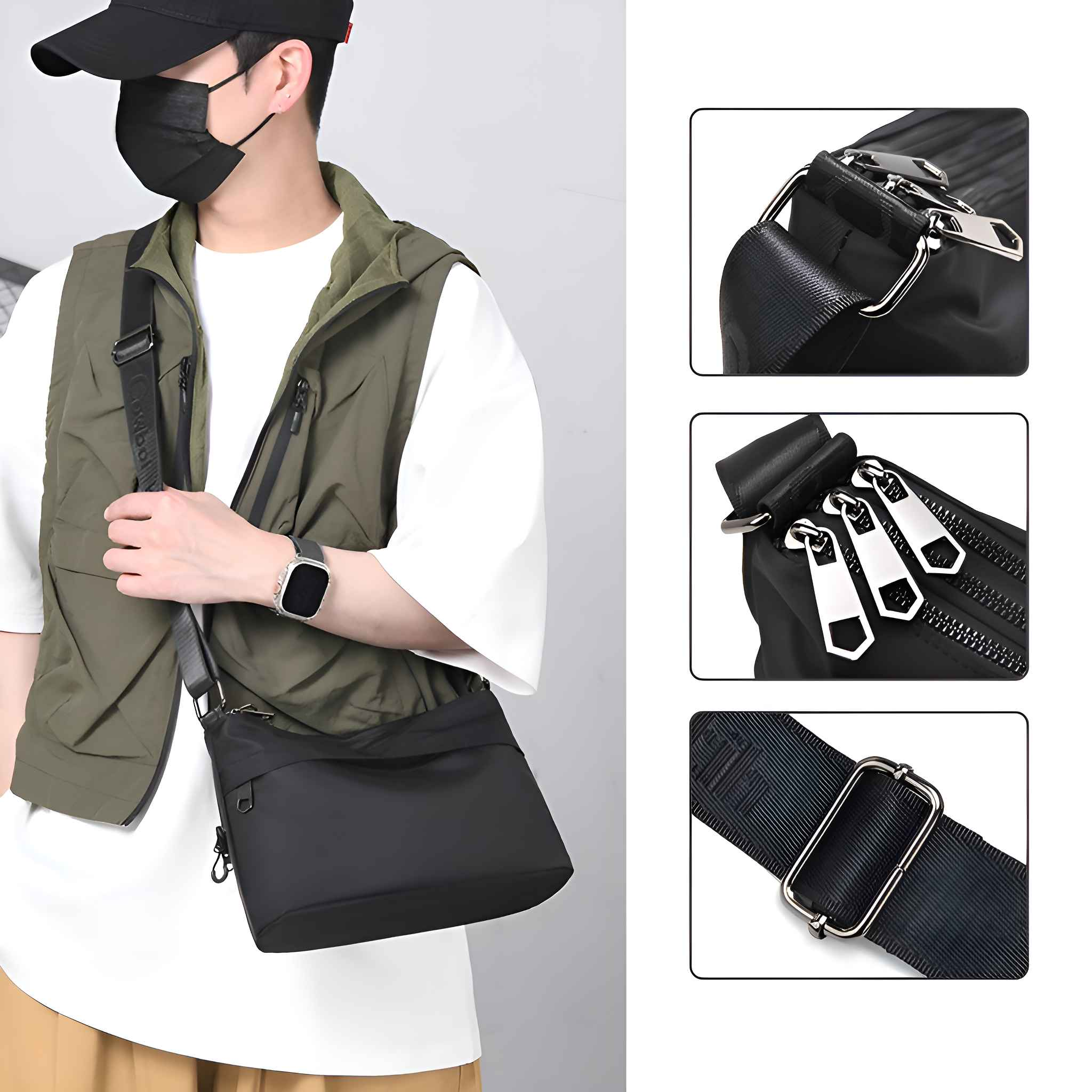 Eine Person trägt eine Maske und Weste und trägt eine schwarze Tasche. Detailaufnahmen zeigen Reißverschlüsse, Riemen und Schnalle.