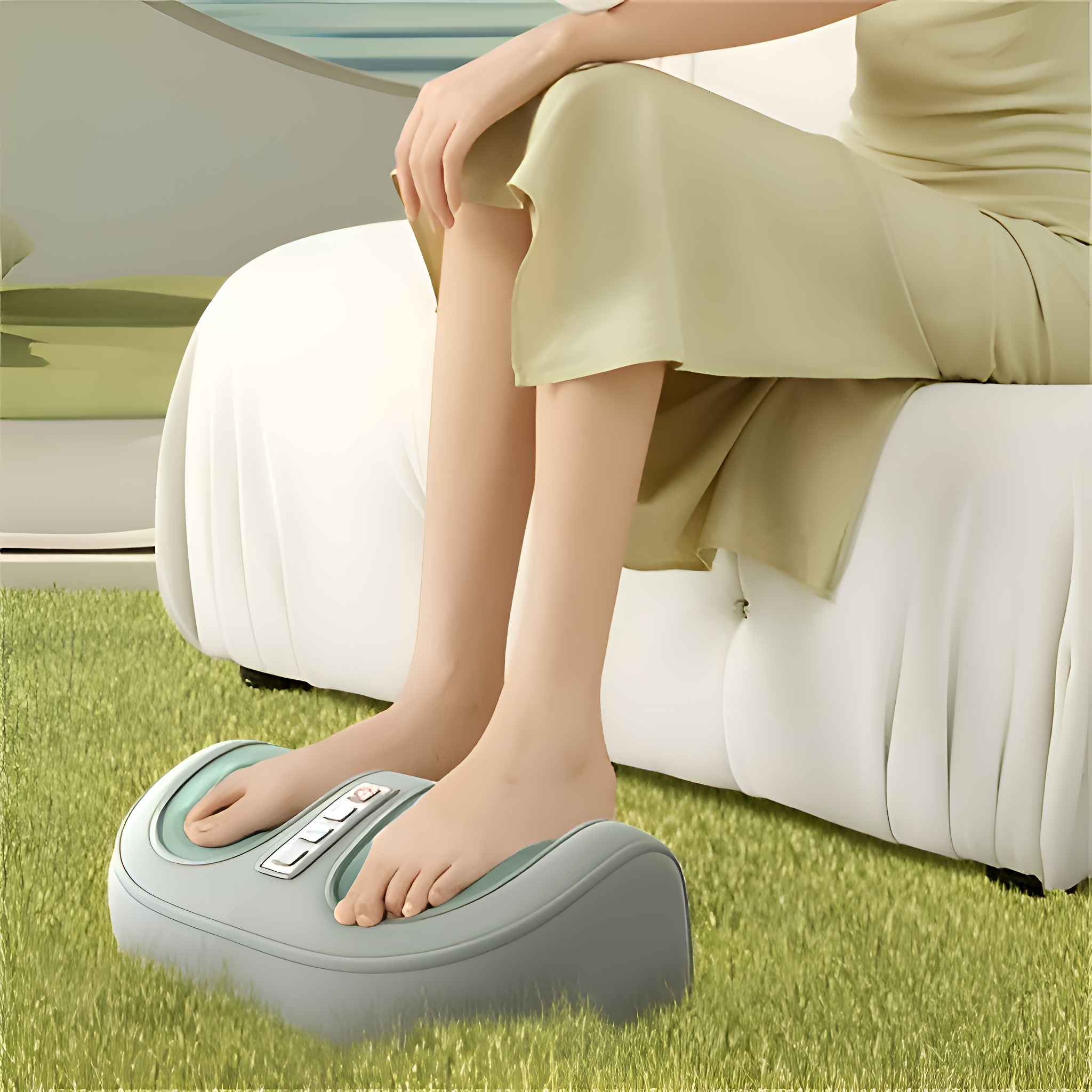Füße einer Person auf einem Fußmassagegerät. Die Person trägt ein grünes Kleid und sitzt auf einem weißen Sofa mit Gras davor.