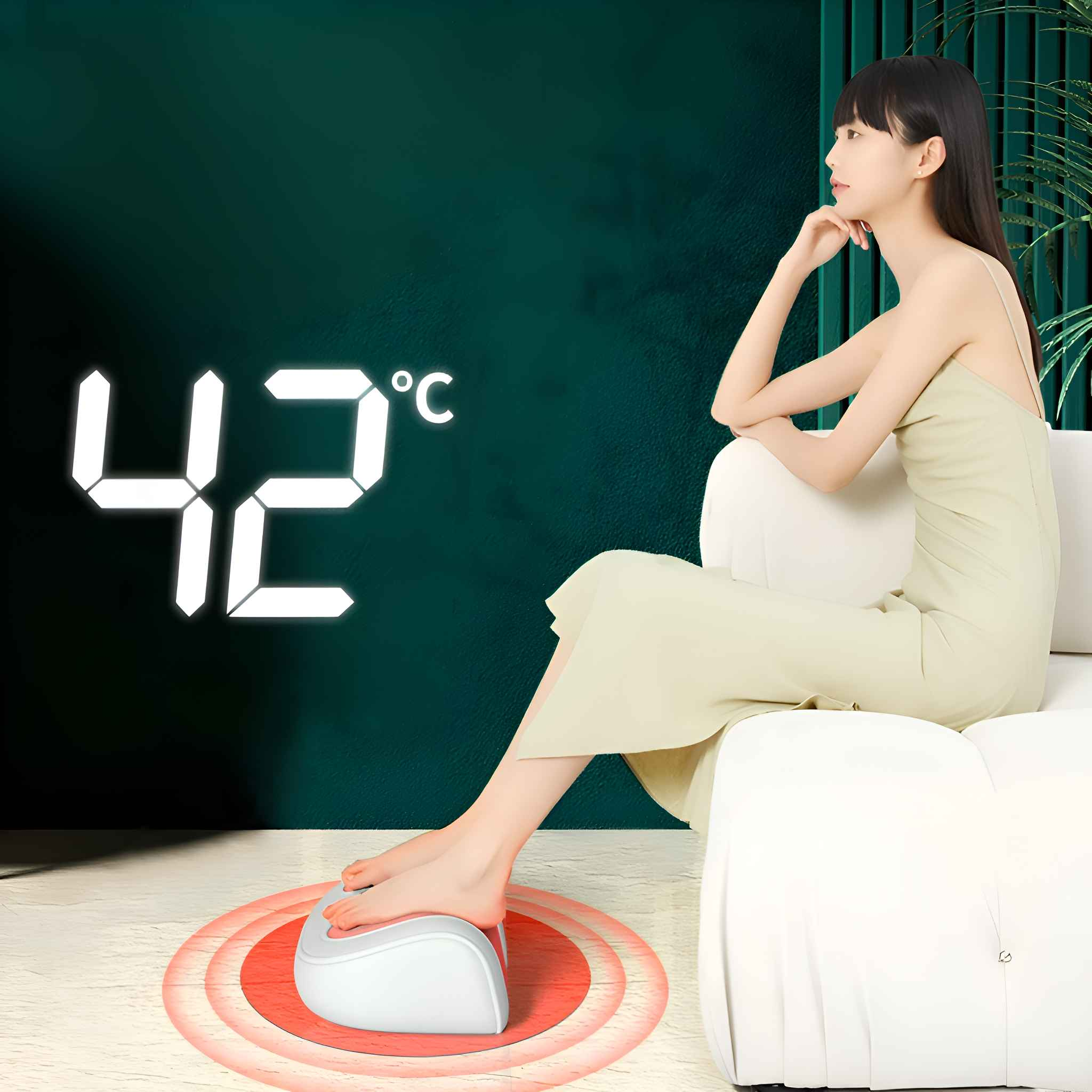 Eine Frau sitzt mit dem Fuß auf einem Fußmassagegerät. Die Anzeige zeigt 42 °C. Der Hintergrund ist eine grüne Wand.
