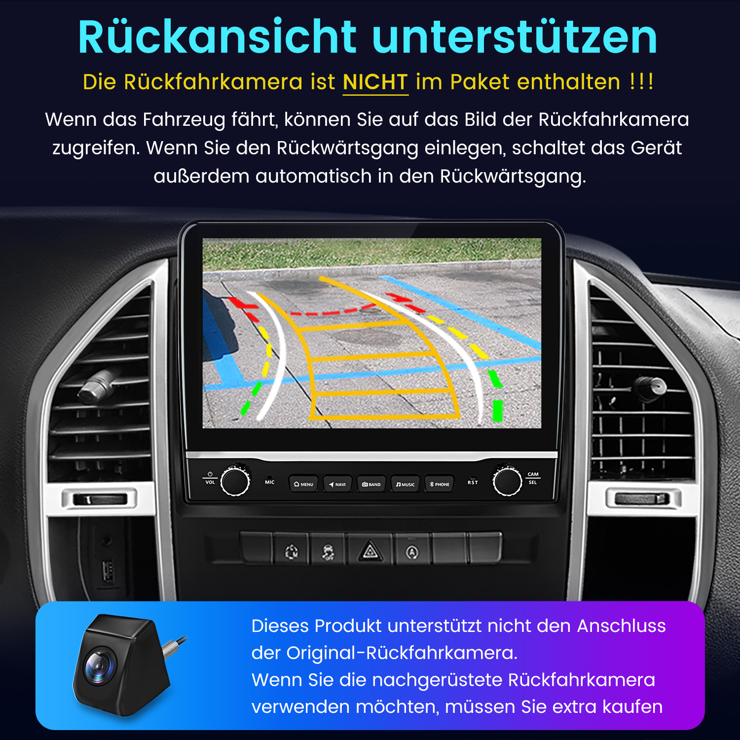 Autoinstrumententafel mit Rückfahrkameraansicht. Text sagt: 'Rückansicht unterstützen'. Eine Kamera wird gezeigt.