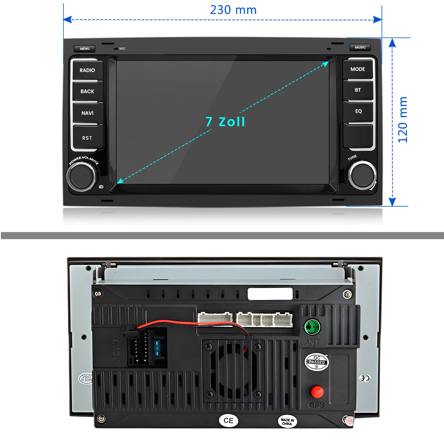 Autoradio mit Bildschirm. Tasten für Radio, Zurück, Navi usw. Maße 230 mm x 120 mm, mit 7-Zoll-Bildschirm.