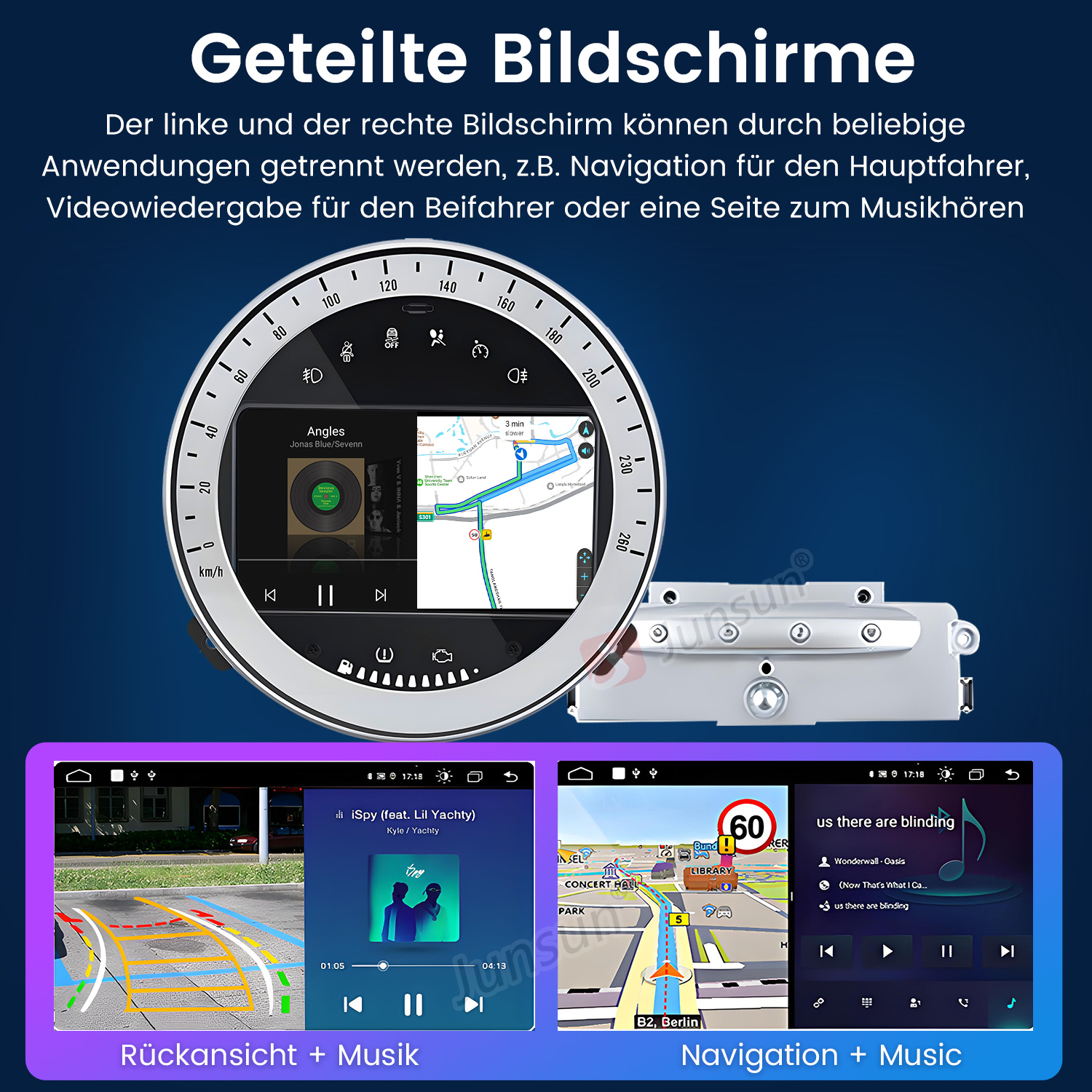 Auto-Armaturenbrett mit geteilten Bildschirmen: Navigation, Musik und Rückfahrkamera. Text oben auf Deutsch.