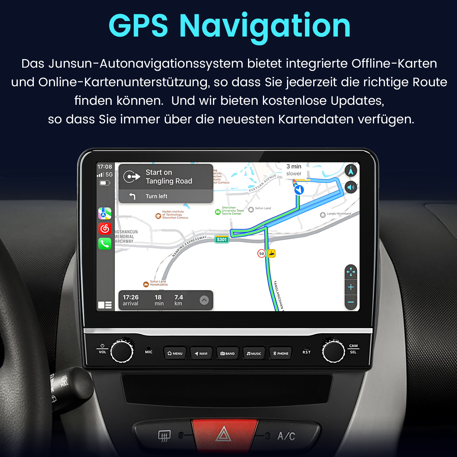 Auto-Armaturenbrett mit GPS-Navigation, das eine Karte anzeigt. Routenführung ist auf dem Bildschirm sichtbar. Die Bedienelemente des Autos befinden sich unten.