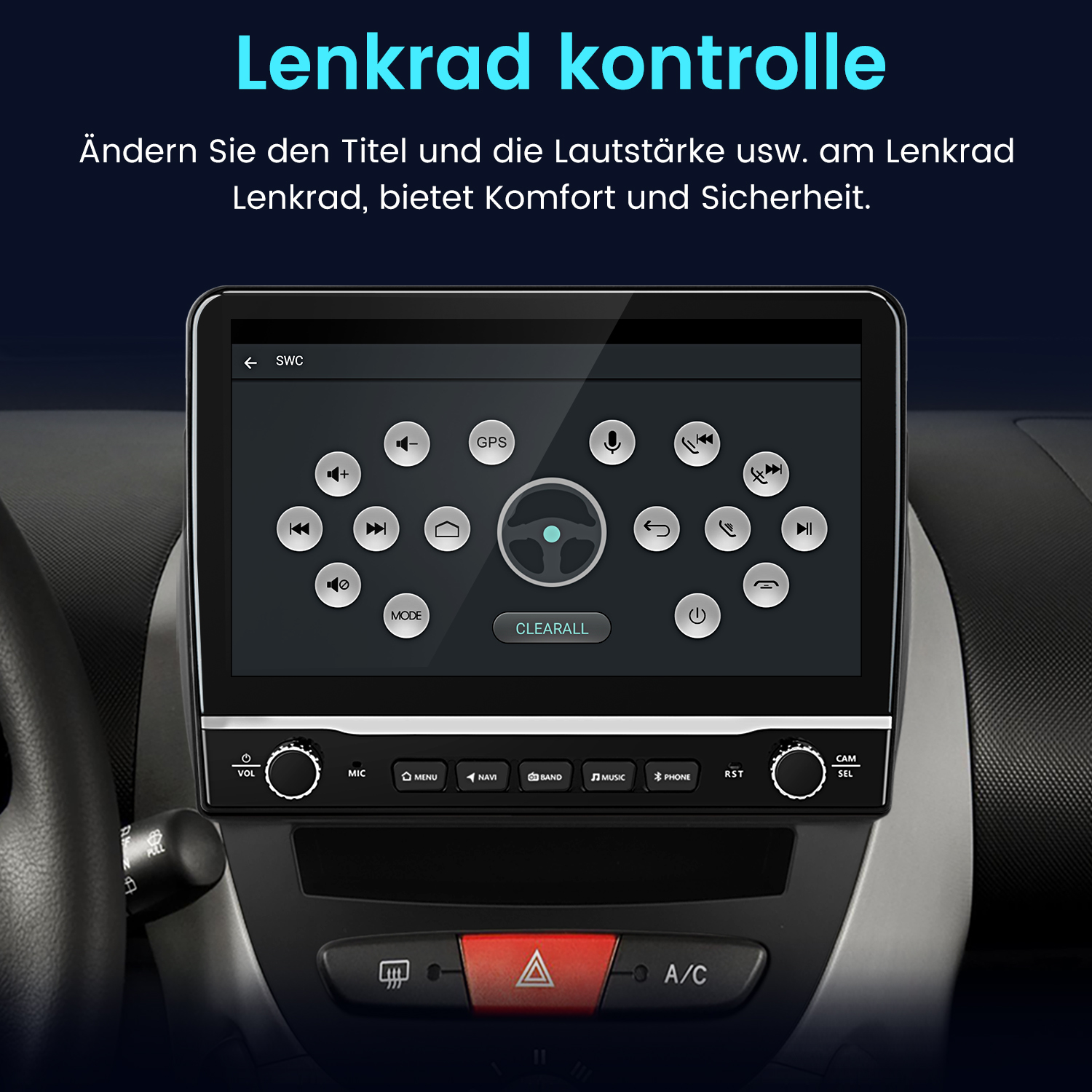 Armaturenbrett mit zentralem Display mit Steuertasten. Oben steht "Lenkrad kontrolle". Das Auto-Interieur ist schwarz und grau.