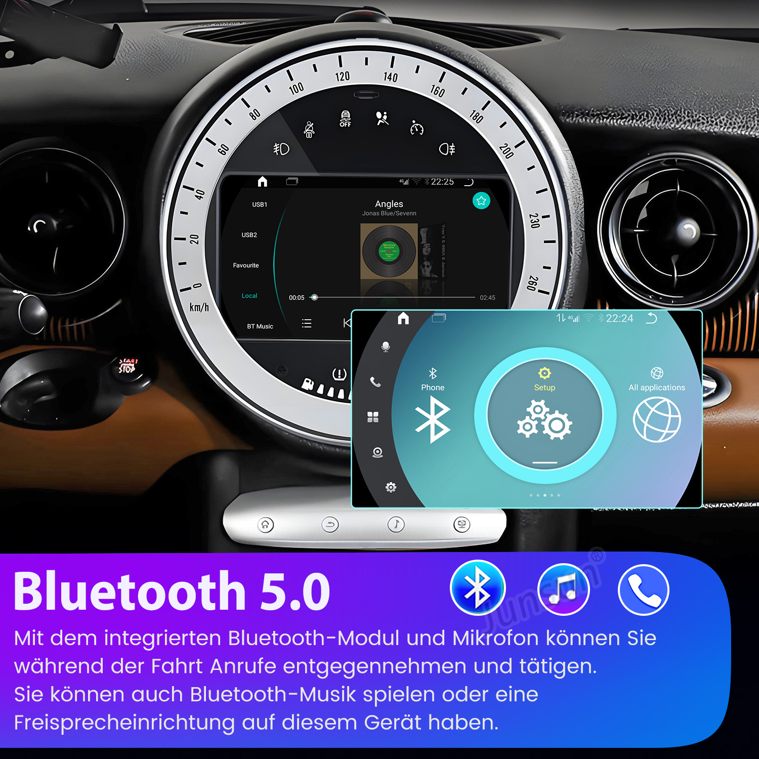 Auto-Armaturenbrett mit einem Bildschirm, der Musiksteuerungen und Telefonsymbole anzeigt. Das Armaturenbrett hat Anzeigen und Lüftungsschlitze.