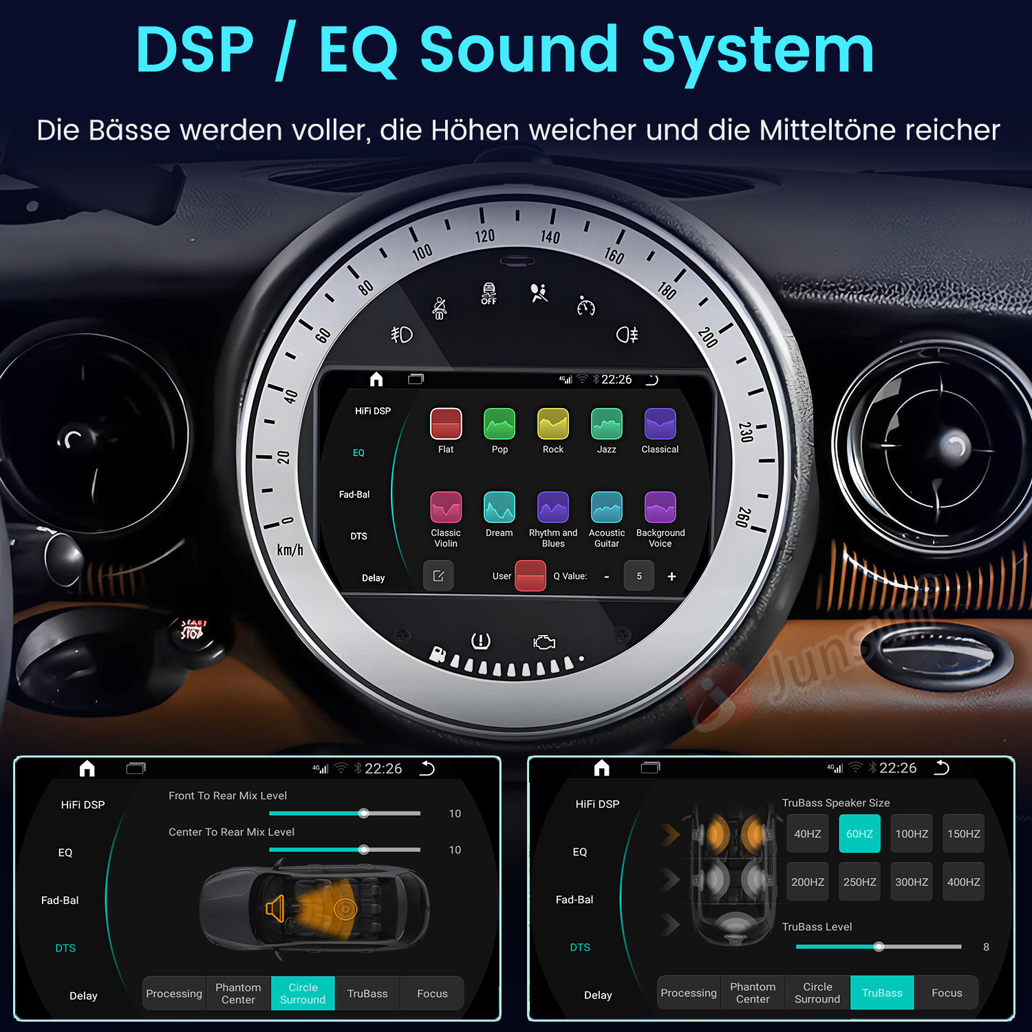 Autoinstrumententafel mit Audiosystem-Schnittstelle. Zeigt Optionen wie EQ, DTS und TruBass. Zeigt den Innenraum und die Lautsprechereinstellungen.