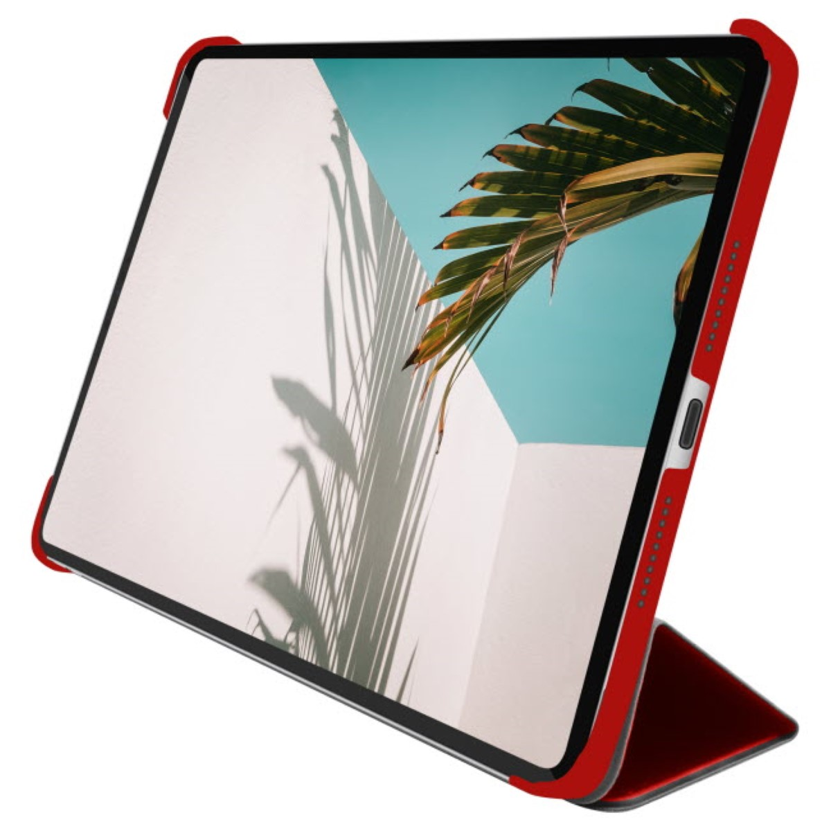 Eine rote Tablet-Hülle mit einem Bildschirm, der eine Palme zeigt. Der Hintergrund hat einen blauen Himmel und weiße Wände mit Schatten.