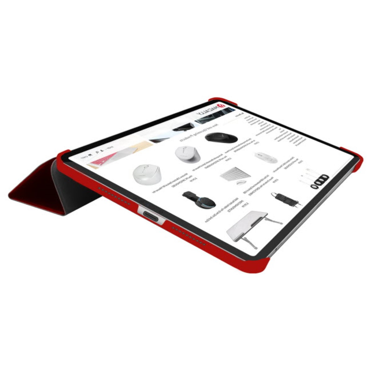 Ein geöffnetes Tablet in einem roten Gehäuse zeigt eine Webseite mit Produktbildern, darunter eine Maus, eine Tastatur und anderes Zubehör.