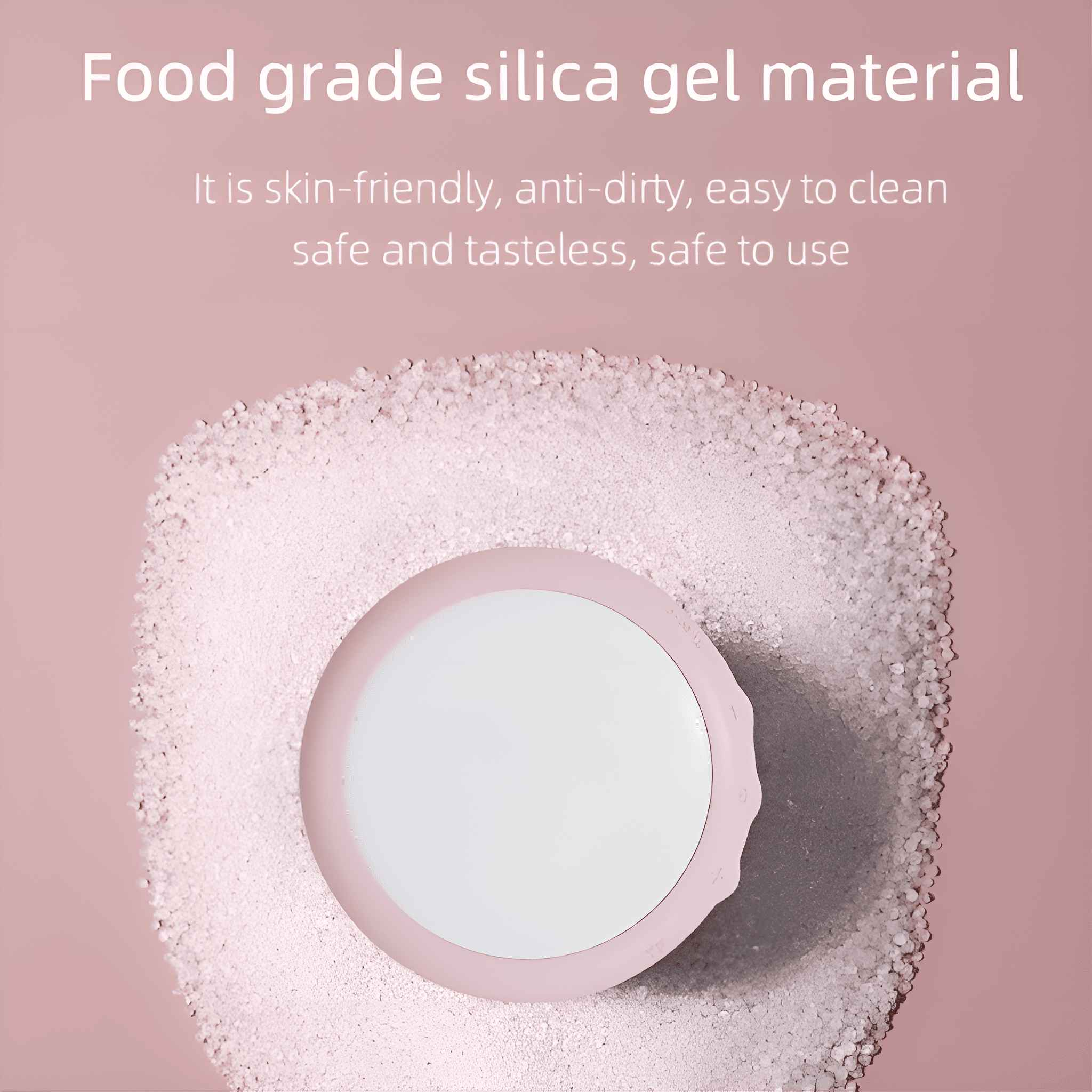 Das Bild zeigt Kieselgelmaterial. Ein rosa Kreis liegt auf einem Bett aus weißen Granulaten, mit Text über seine Eigenschaften.
