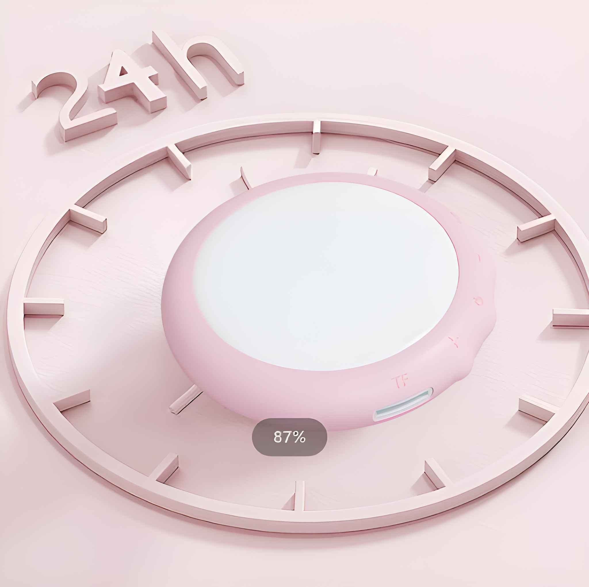 Rosa Licht mit 87 % Ladung, umgeben von einem uhrähnlichen Rahmen und '24h'. Das Licht ist kreisförmig.