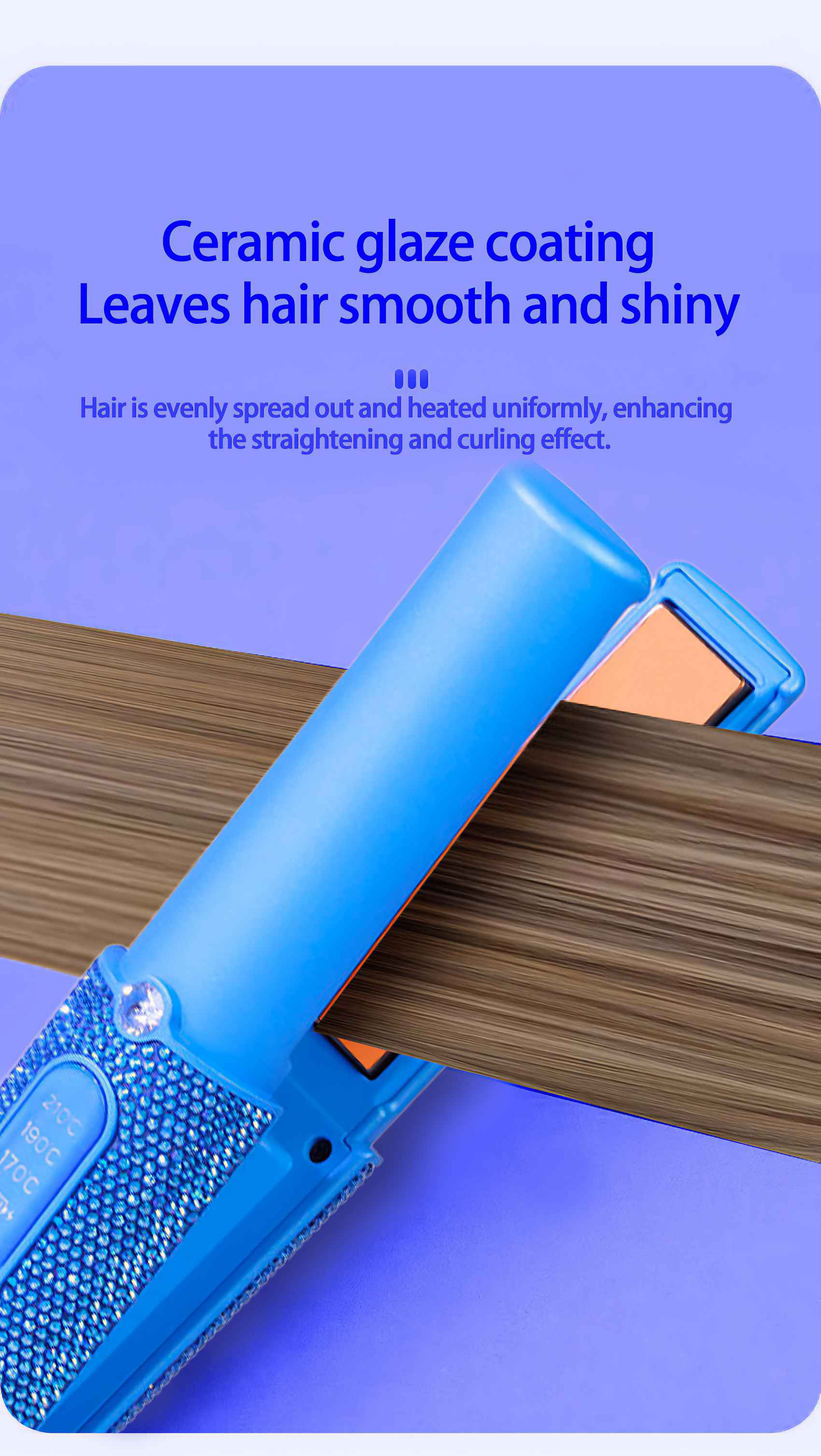 Ein blauer Haarglätter mit braunen Haaren dazwischen. Oben steht 'Keramikbeschichtung'.