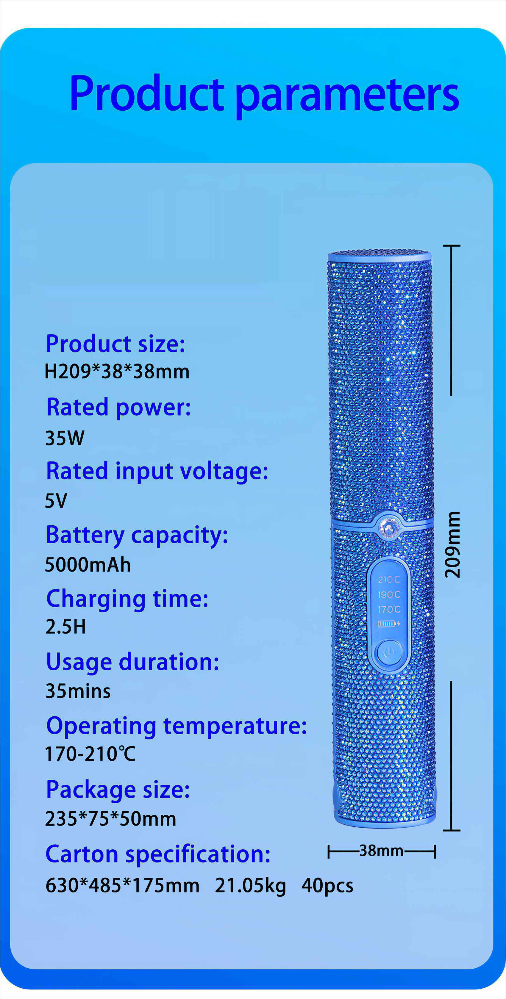 Ein blaues Gerät mit Produktspezifikationen. Es hat eine Taste, Temperatureinstellungen und eine Batterieanzeige.