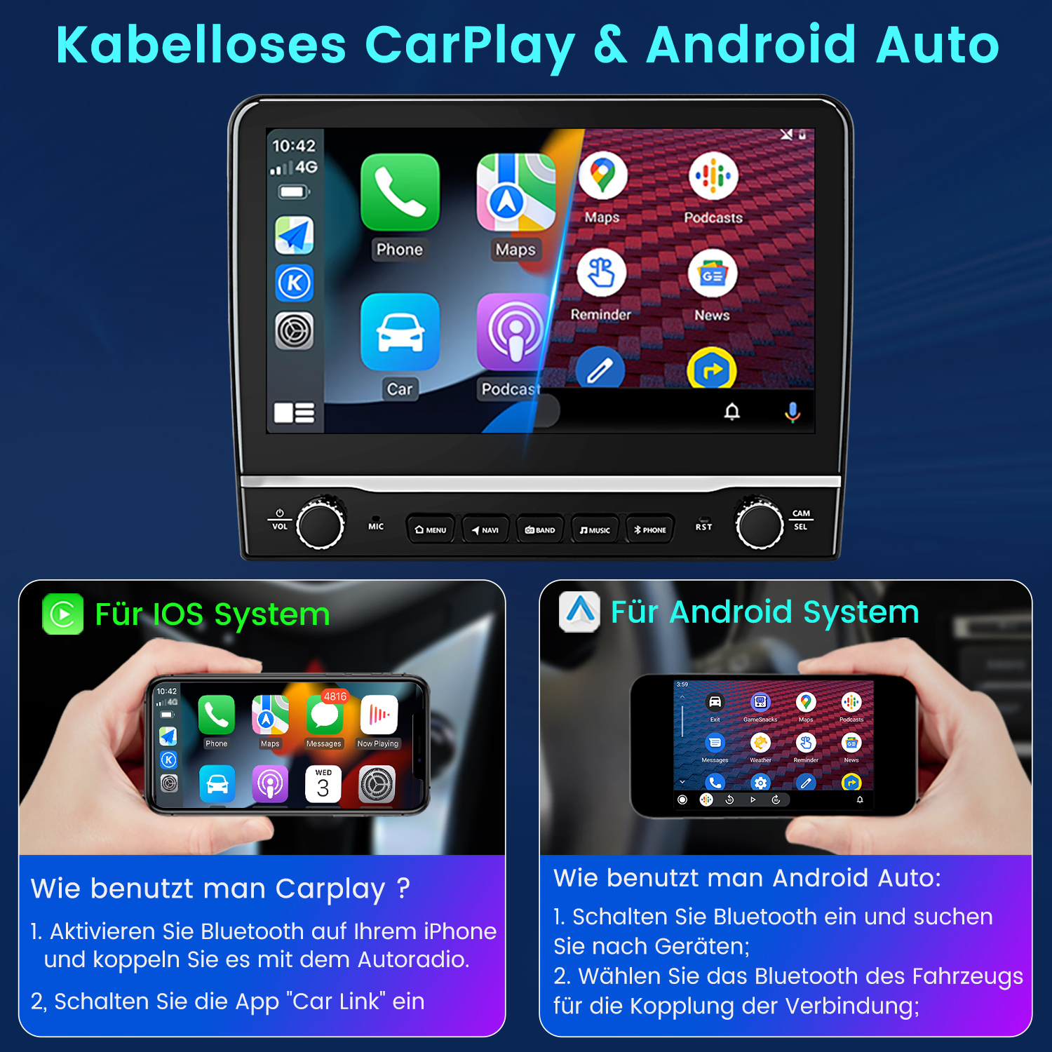 Wyświetlacz CarPlay i Android Auto. Pokazuje telefon, mapy i inne aplikacje. Instrukcje dotyczące korzystania z CarPlay i Android Auto.