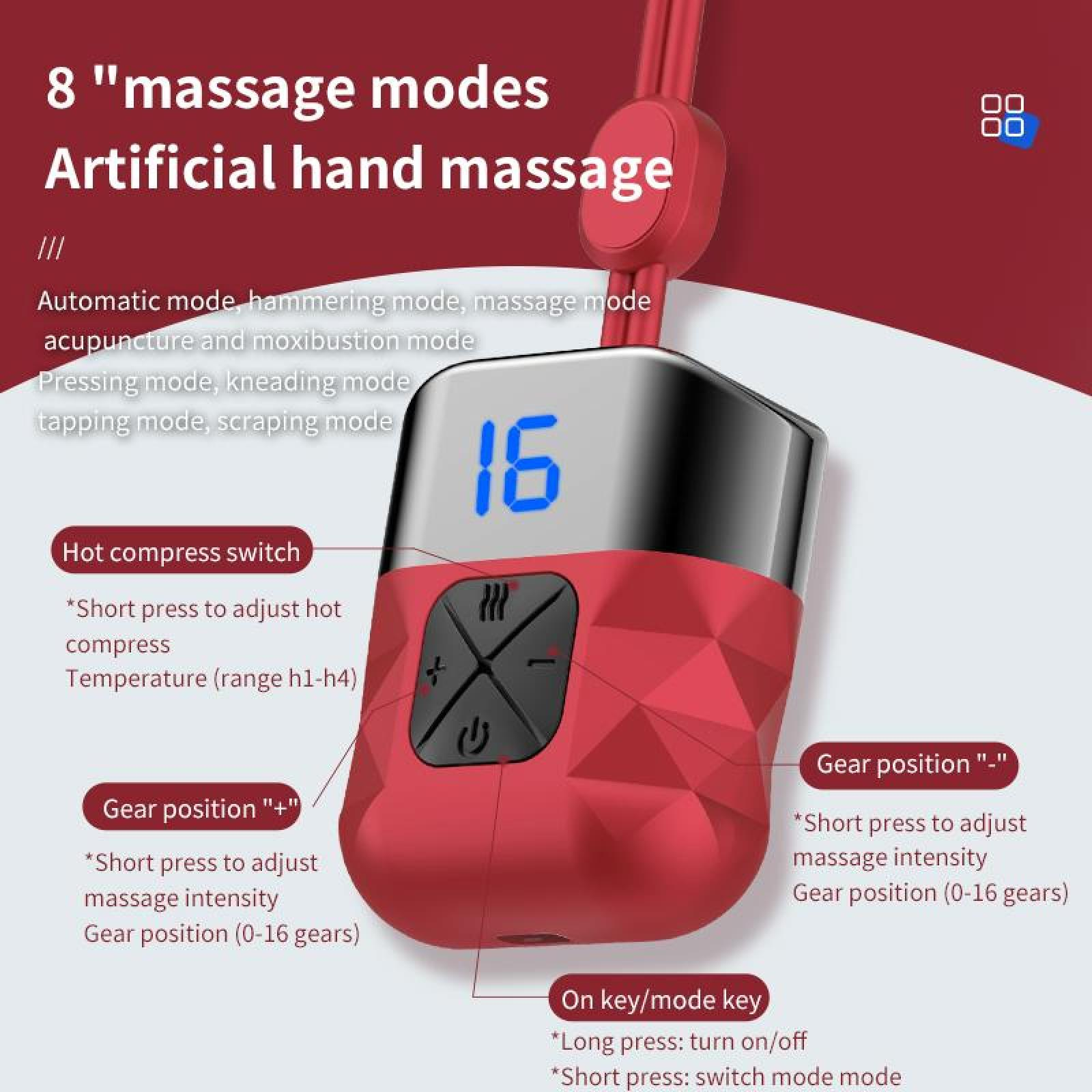 Rotes und silbernes Massagegerät mit Bedienelementen und Display mit der Anzeige '16'. Text kennzeichnet verschiedene Massagemodi.