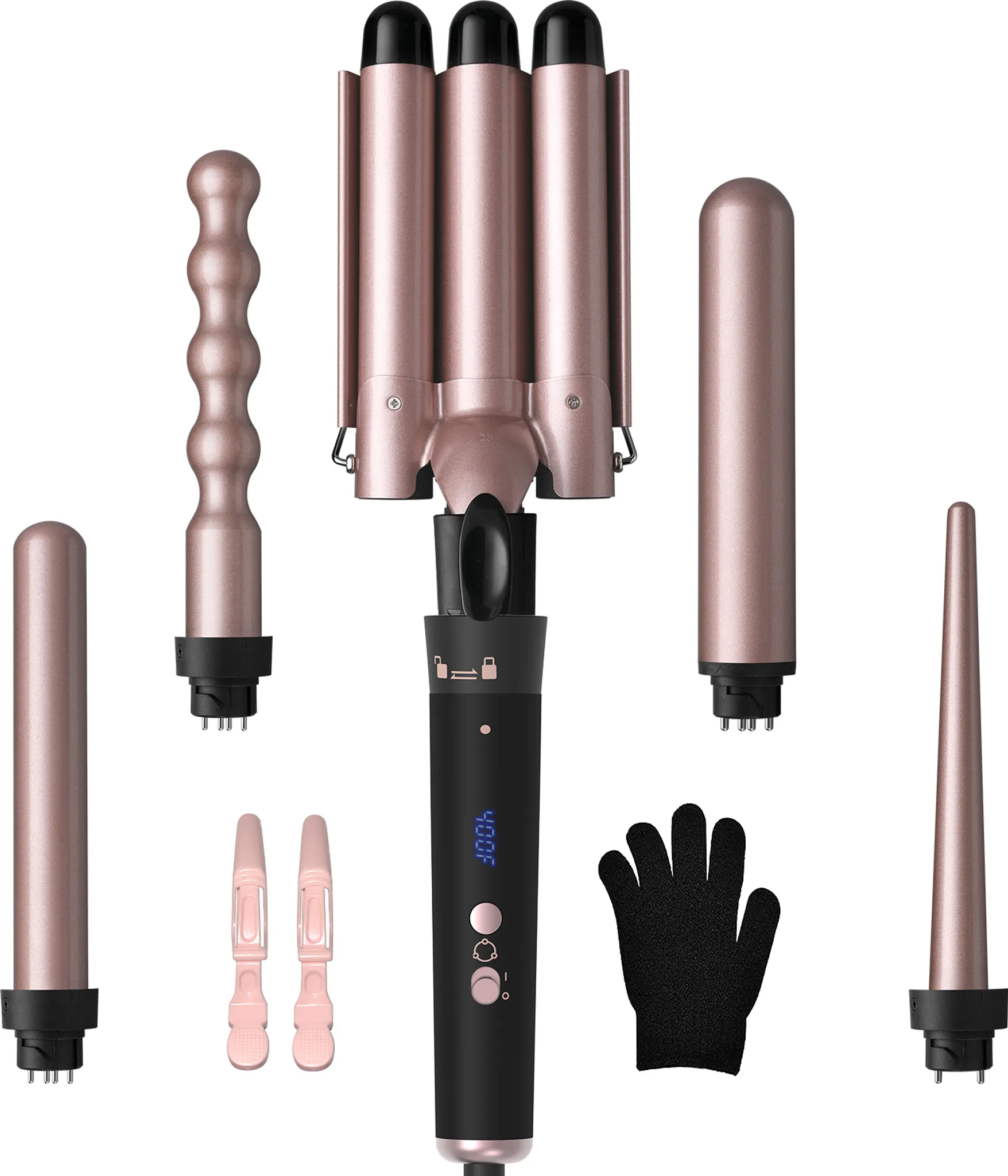 Haar-Lockenstab-Set mit mehreren Aufsätzen, einem schwarzen Handschuh und rosa Clips, vor weißem Hintergrund.