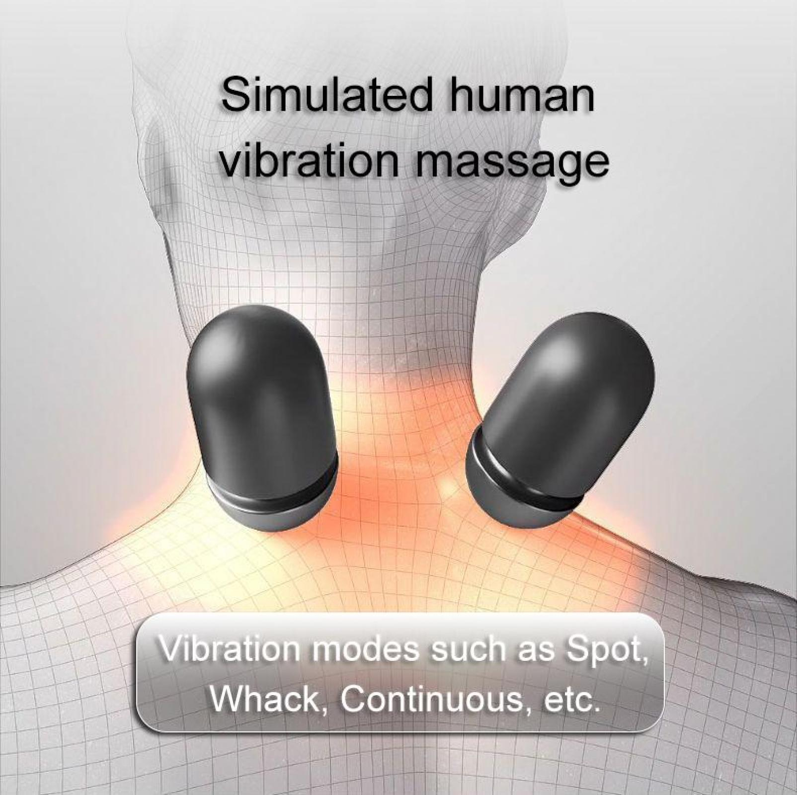 Ein Bild, das einen Hals mit zwei schwarzen Massagegeräten zeigt. Text lautet 'Simulierte menschliche Vibrationsmassage'.