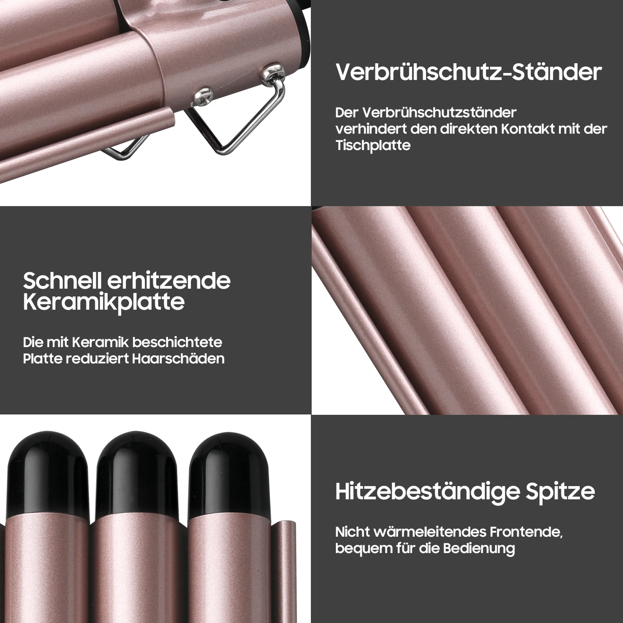 Nahaufnahme eines Haarstyling-Tools mit Textbeschriftungen. Es hat rosafarbene Metallteile, schwarze Spitzen und einen Ständer. Der Hintergrund ist grau.