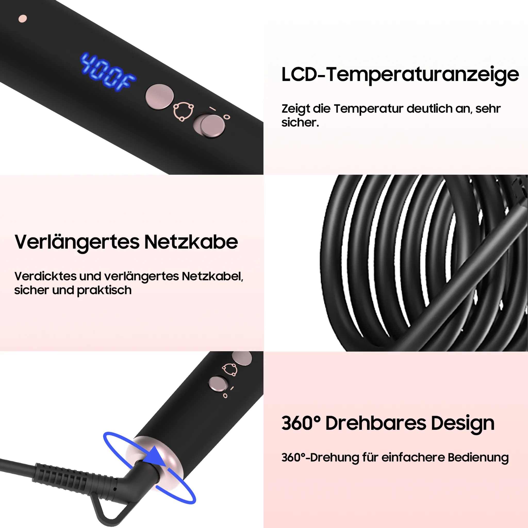 Schwarzer Lockenstab mit Digitalanzeige, die 400F anzeigt. Merkmale umfassen ein langes Netzkabel und 360-Grad-Drehdesign.
