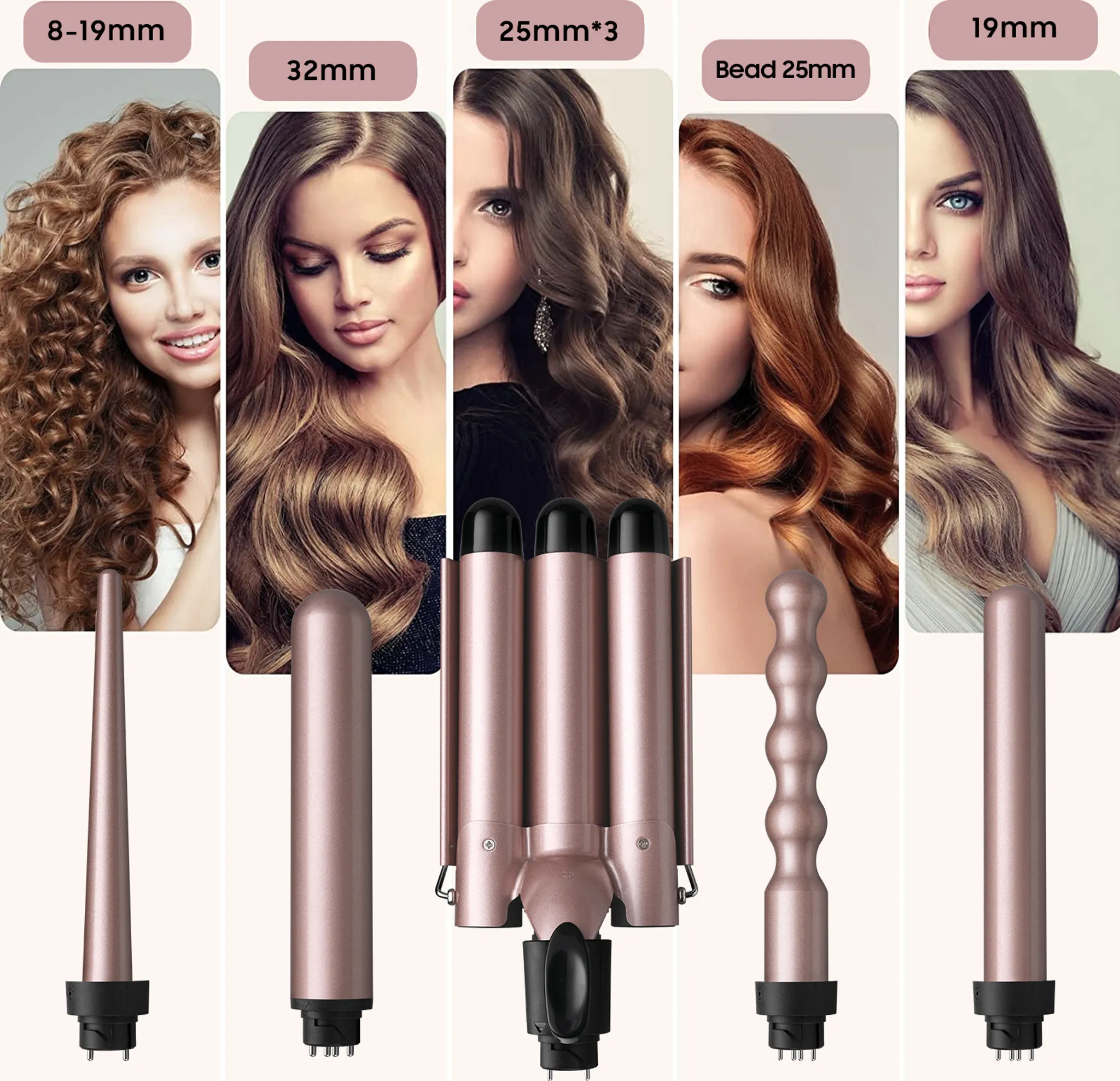 Das Bild zeigt fünf verschiedene Lockenstäbe mit Haarproben von Frauen. Jedes Eisen hat eine andere Laufform und -größe, um unterschiedliche Locken zu erzeugen.