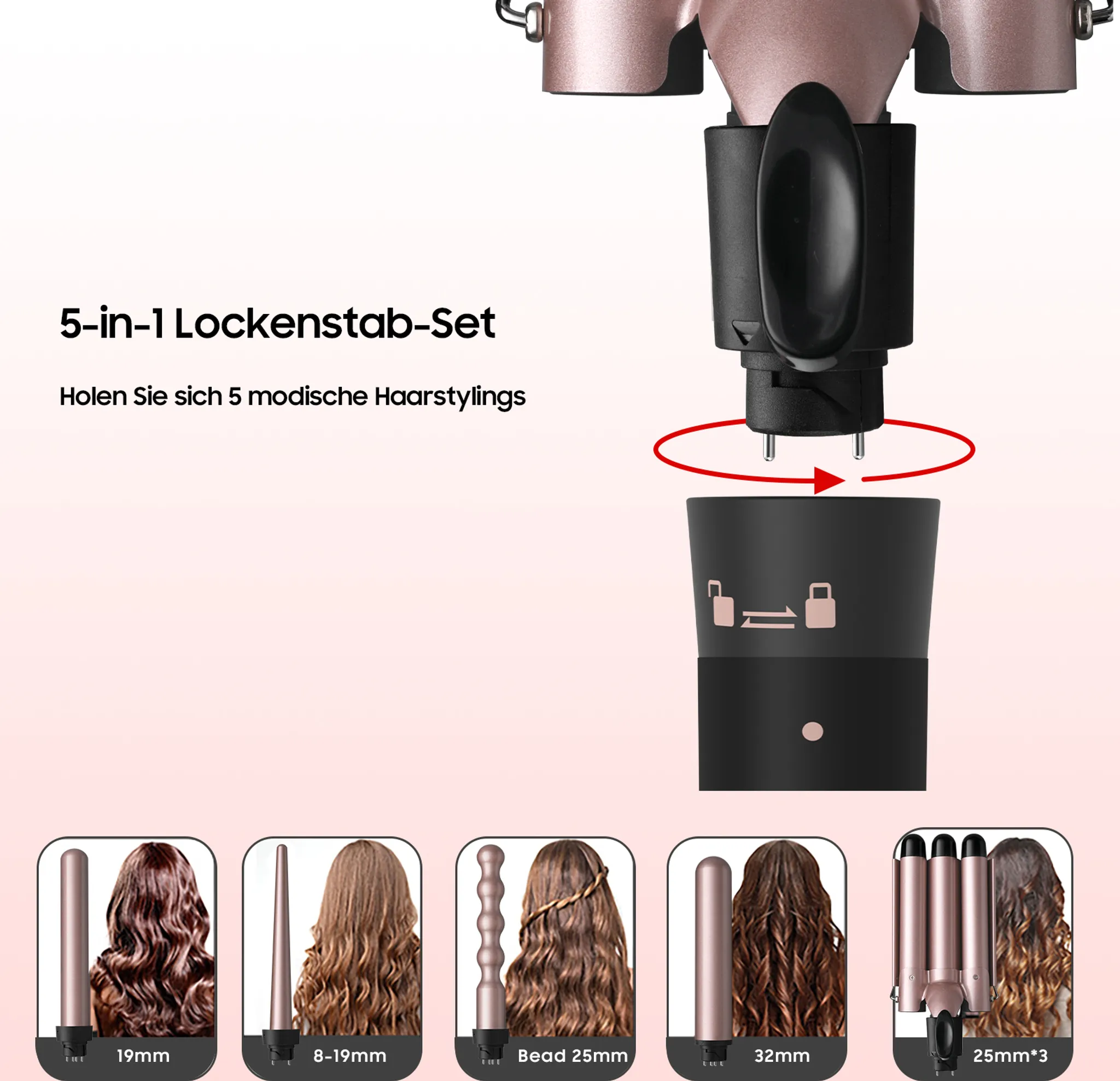 Ein 5-in-1 Lockenstab-Set mit verschiedenen Aufsätzen und einer rotierenden Basis. Enthält Haarstyling-Beispiele.