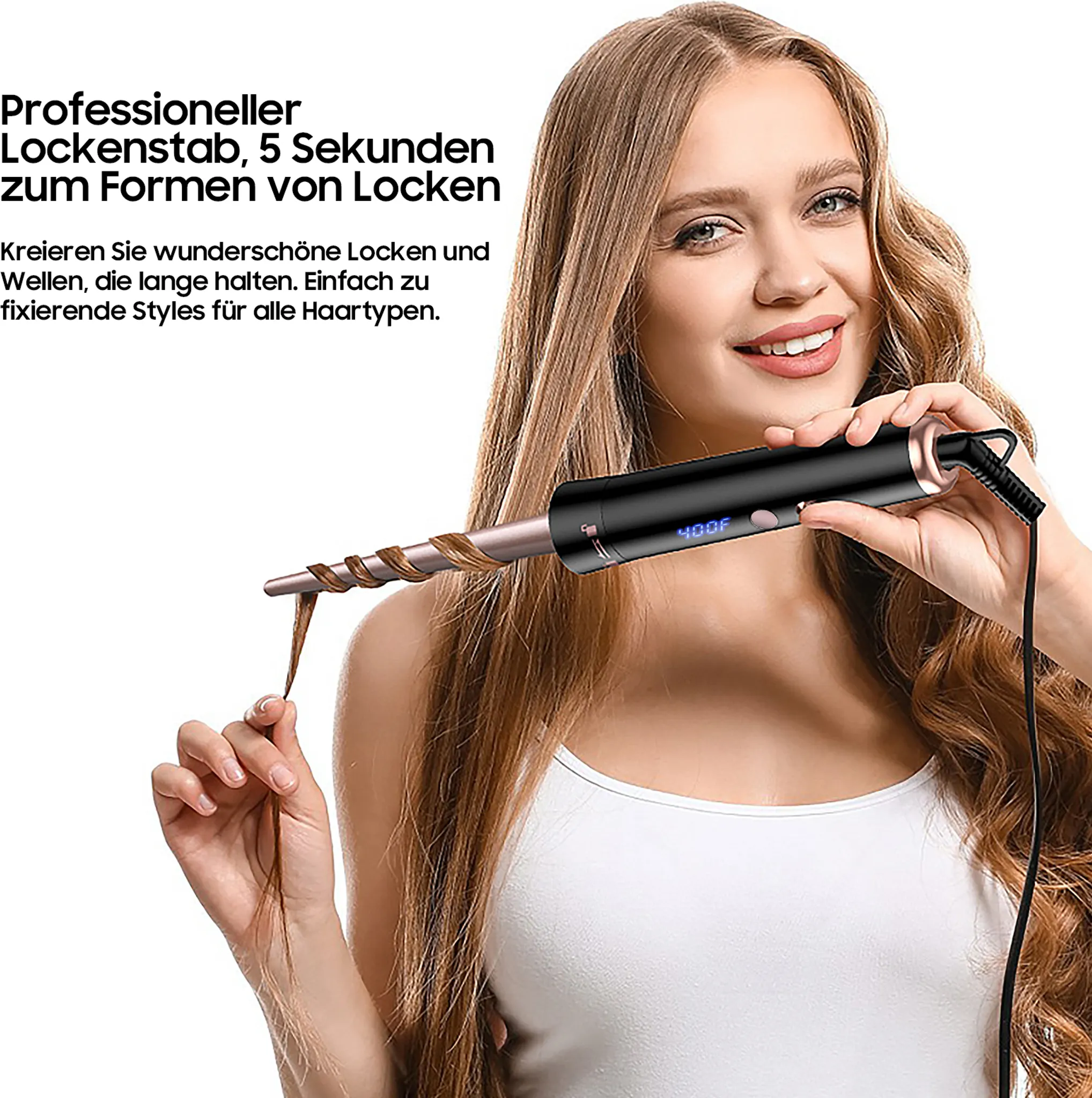 Frau lockt Haare mit Lockenstab. Das Display des Eisens zeigt 400F. Text: Professioneller Lockenstab, 5 Sekunden.