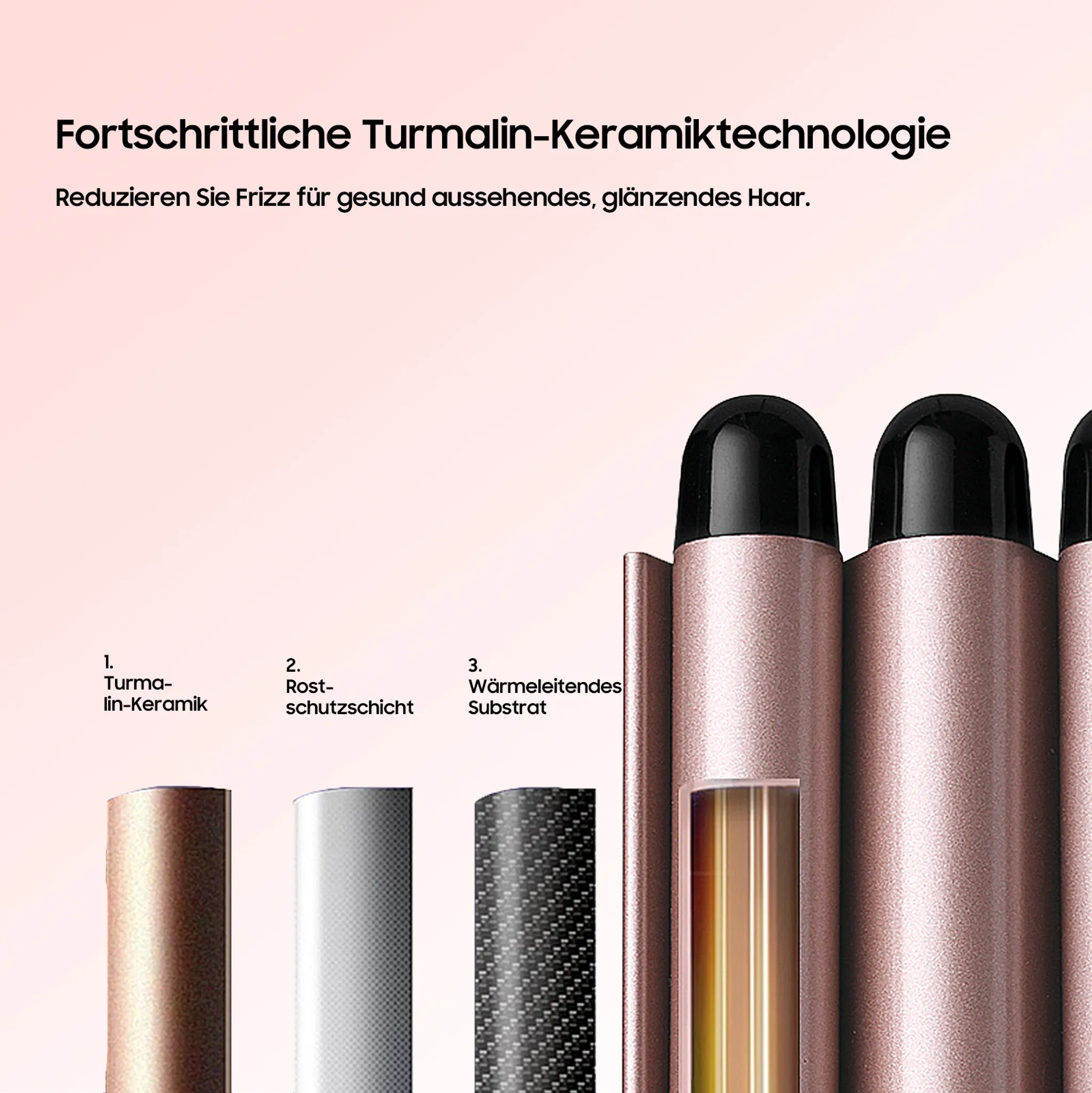 Das Bild zeigt ein Haarstyling-Werkzeug mit drei Abschnitten: Turmalin-Keramik, Rostschutzschicht und wärmeleitendes Substrat.