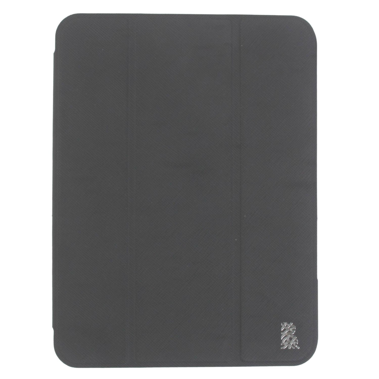 Eine dunkelgraue Tablet-Hülle mit strukturierter Oberfläche. Die Abdeckung ist geschlossen und zeigt ein Logo in der rechten unteren Ecke.