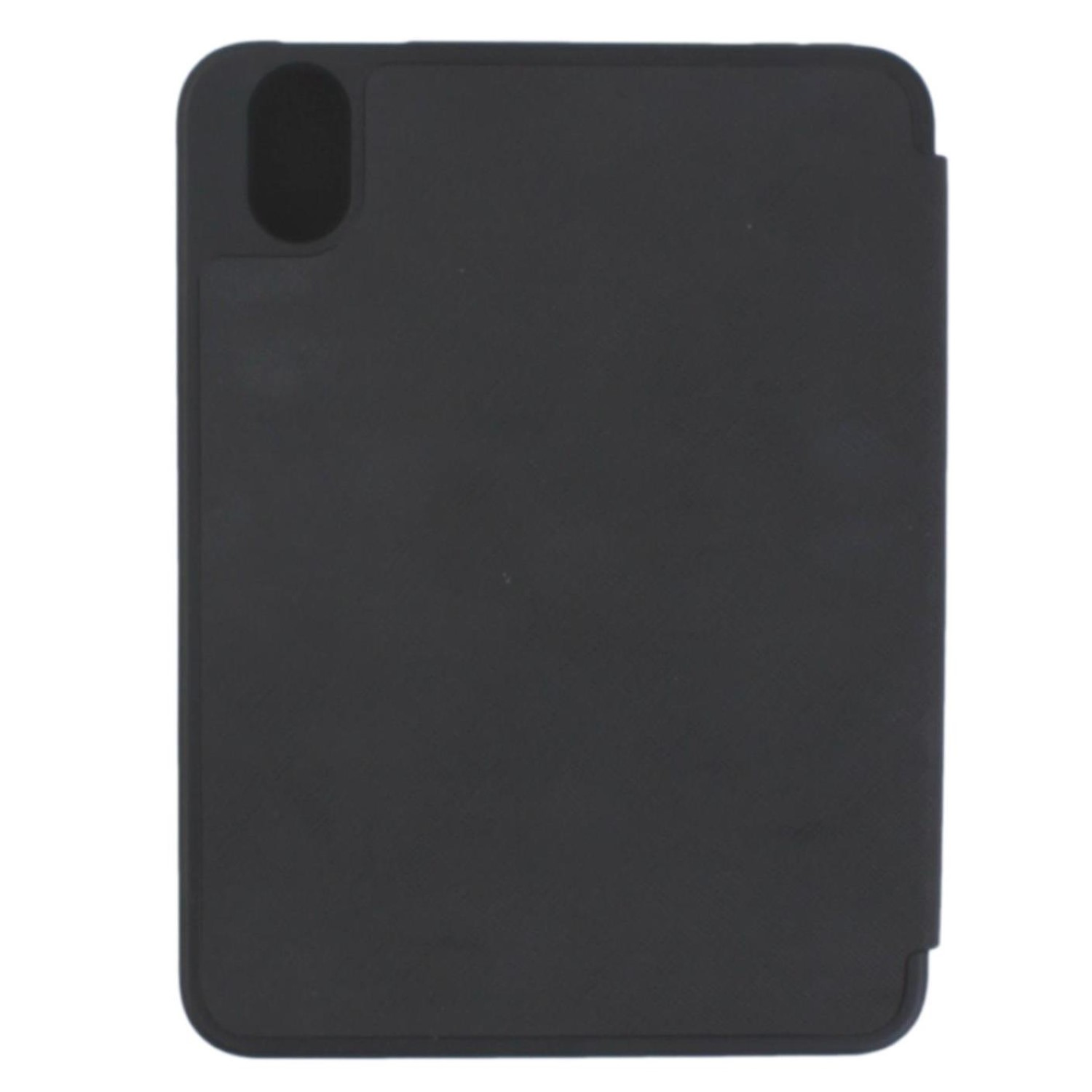 Eine schwarze Tablethülle auf weißem Hintergrund. Die Hülle hat eine glatte Oberfläche und eine kleine Aussparung für eine Kamera.