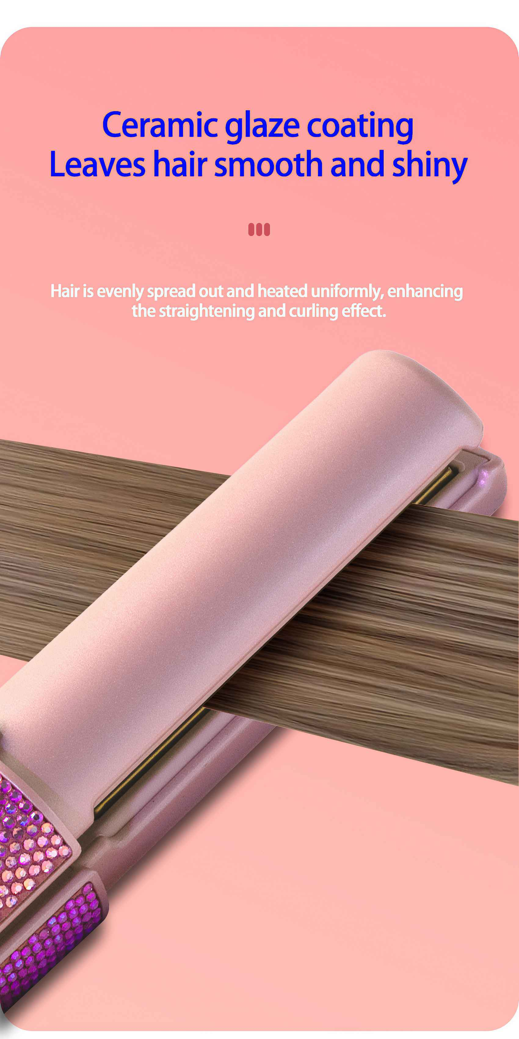 Ein pinkfarbener Haarglätter mit braunen Haarsträhnen. Text: 'Keramikbeschichtung, macht das Haar glatt und glänzend'.