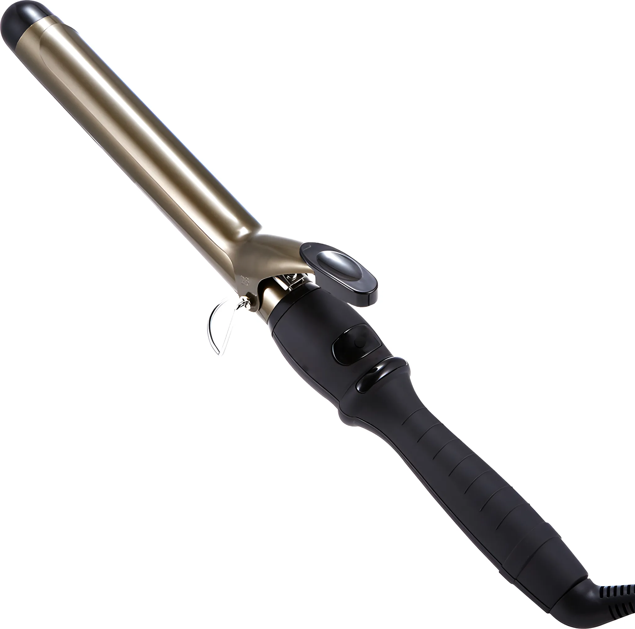 Ein Lockenstab mit goldenem Lauf und schwarzem Griff, isoliert auf Weiß. Das Kabel ist schwarz.