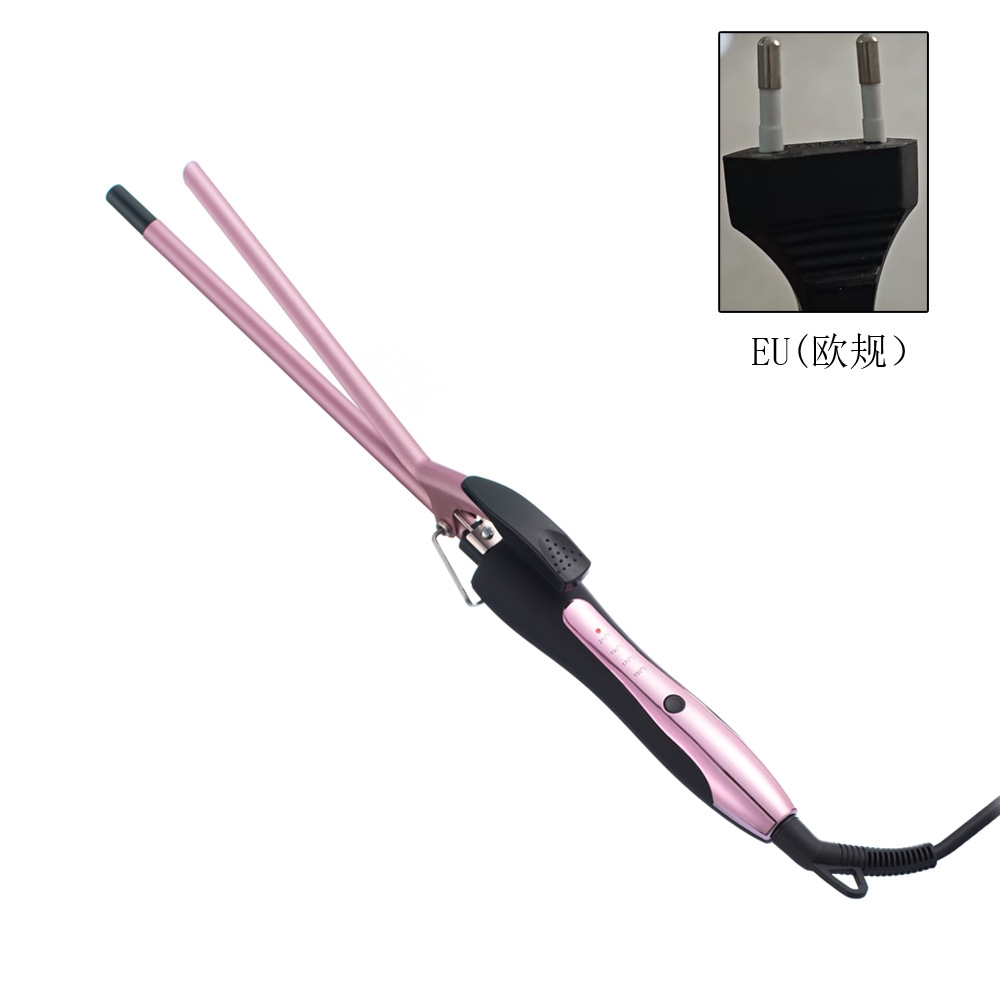 Ein rosa-schwarzer Lockenstab mit schwarzem Kabel und einem europäischen Stecker in der oberen rechten Ecke.