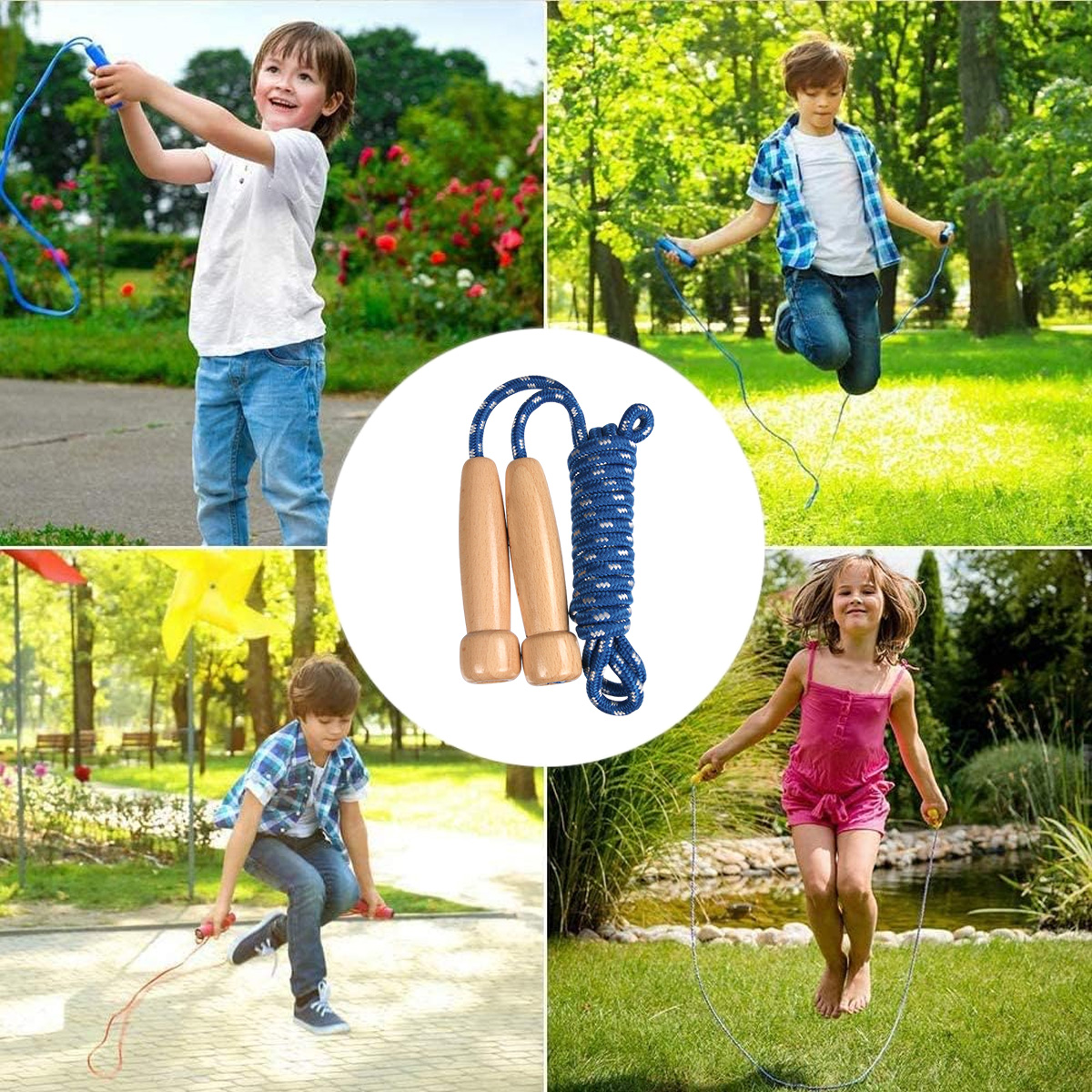 Vier Kinder springen im Park Seil. Ein Springseil befindet sich in der Mitte. Verschiedene Farben sind erkennbar, mit grünem Gras und blauen Seilen.