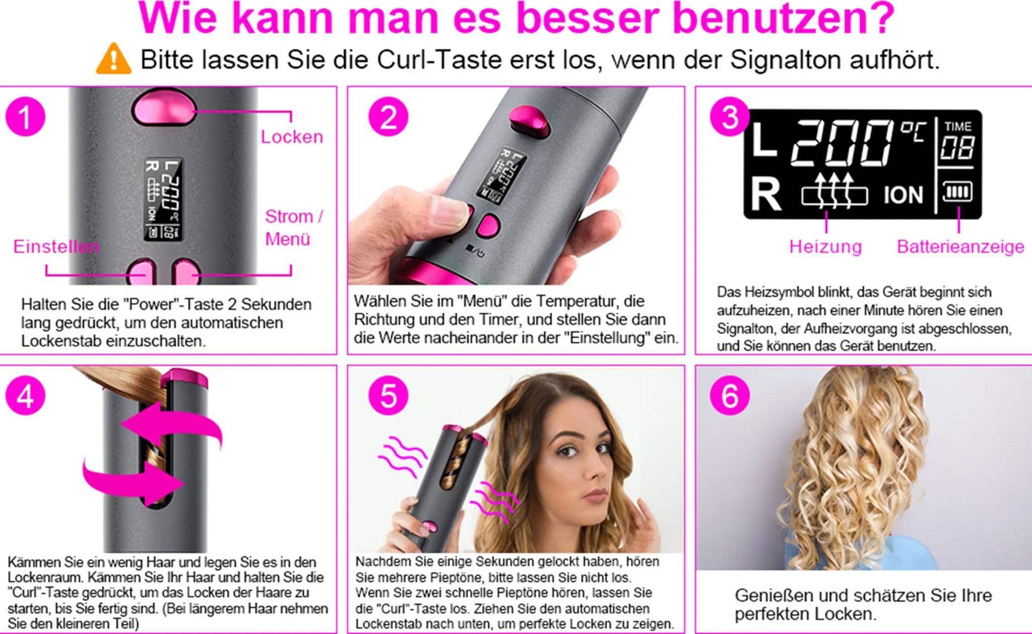 Diagramm erklärt die Verwendung eines Lockenstabes. Schritte umfassen Einstellungen, Erhitzen, Locken und das Ergebnis.