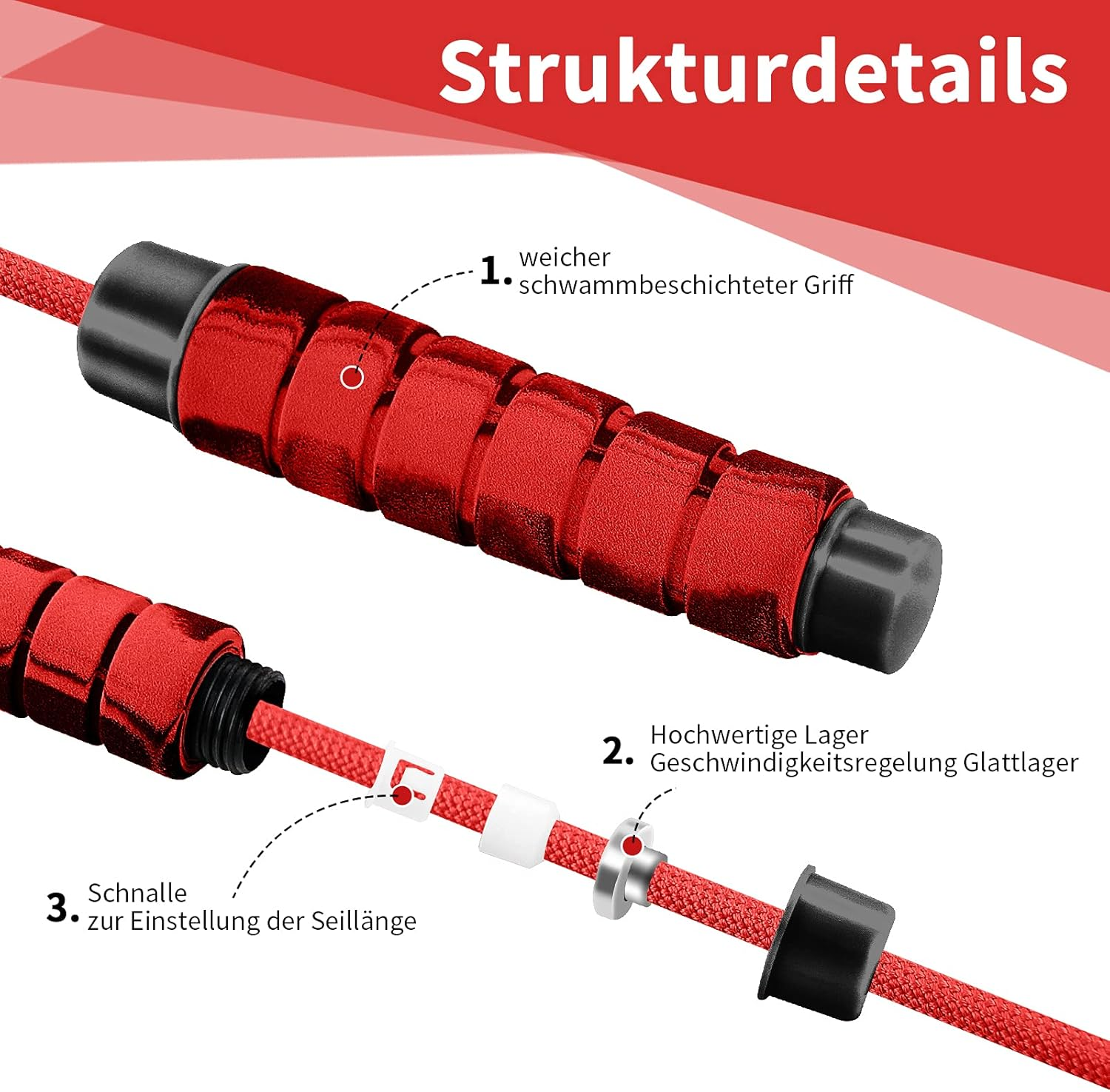 Nahaufnahme eines roten Springseils mit Details. Enthält Griff, Seil und Verstellschließe. Textmarkierungen weisen auf Merkmale hin.