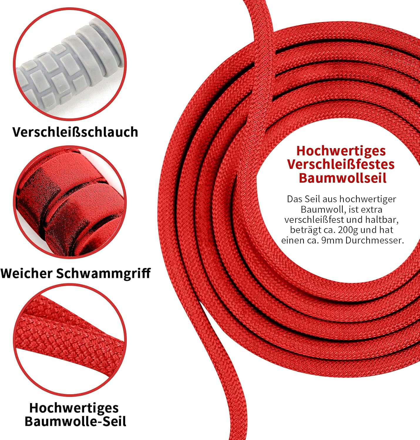 Das Bild zeigt Details eines roten Baumwollseils, eines grauen Gummiteils und eines roten Schwammgriffs. Text beschreibt die Eigenschaften des Seils.