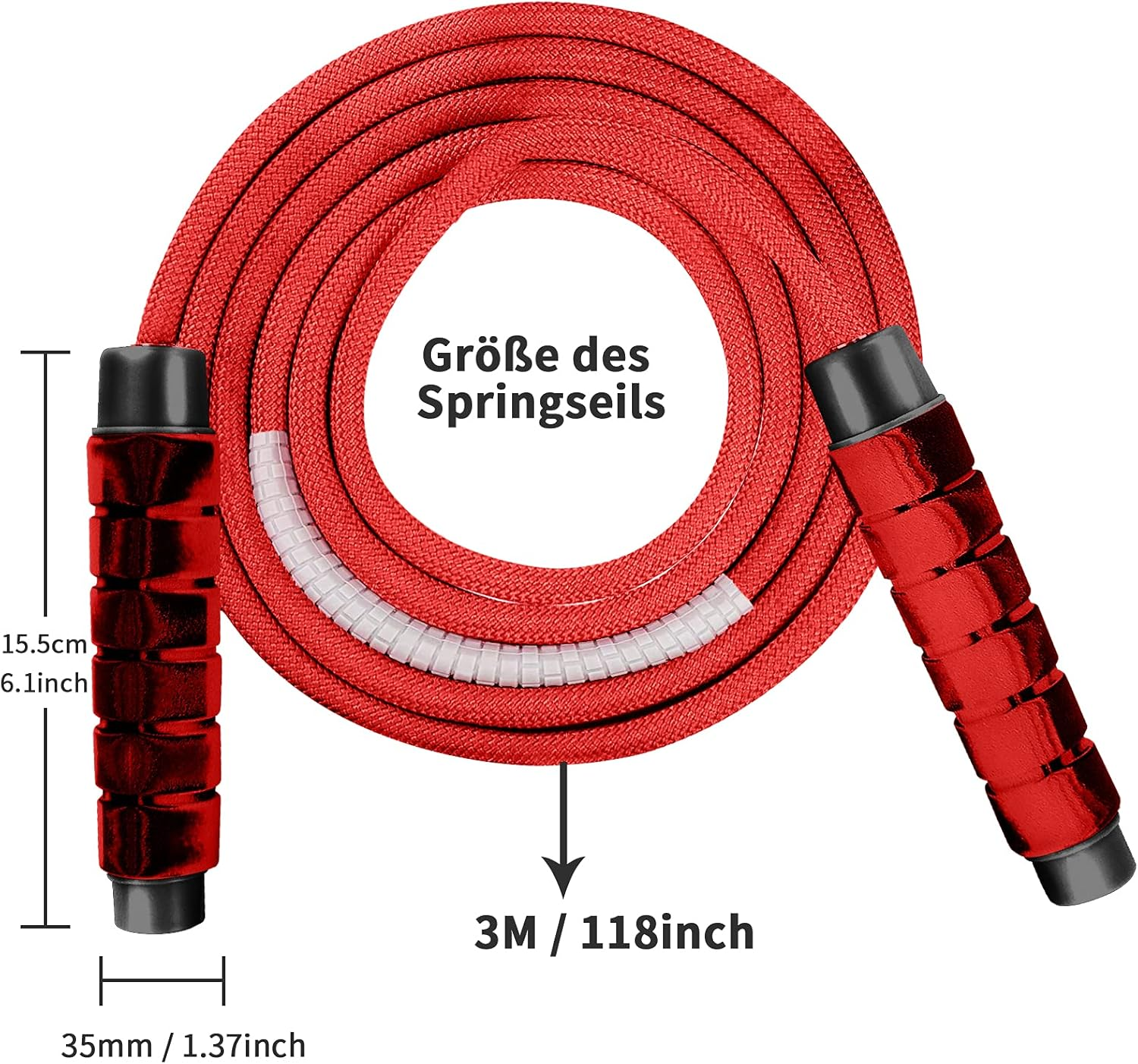 Ein rotes Springseil mit schwarzen Griffen. Das Seil ist 3M/118inch lang. Text zeigt Größe und Abmessungen.