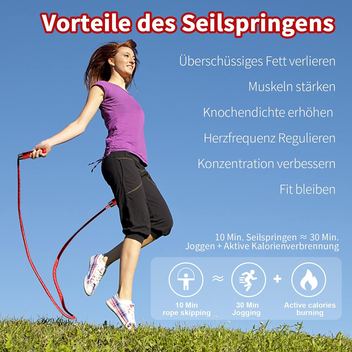 Eine Frau springt Seil. Text zeigt gesundheitliche Vorteile: Fettabbau, Muskelaufbau, Knochendichte, Herzfrequenz und Konzentration. Vergleich mit Joggen.