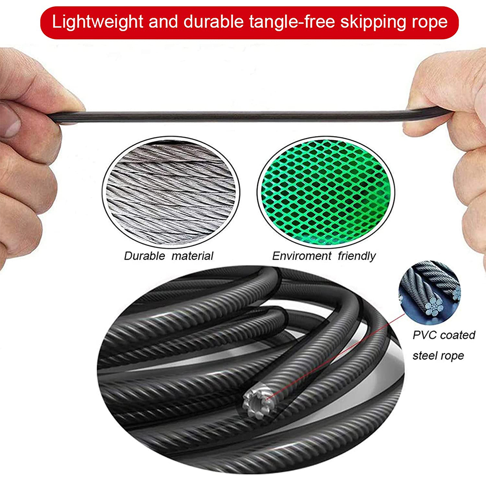 Hände halten ein schwarzes Springseil. Insets zeigen haltbares Material, grünes Netz und PVC-beschichtetes Stahlseil.
