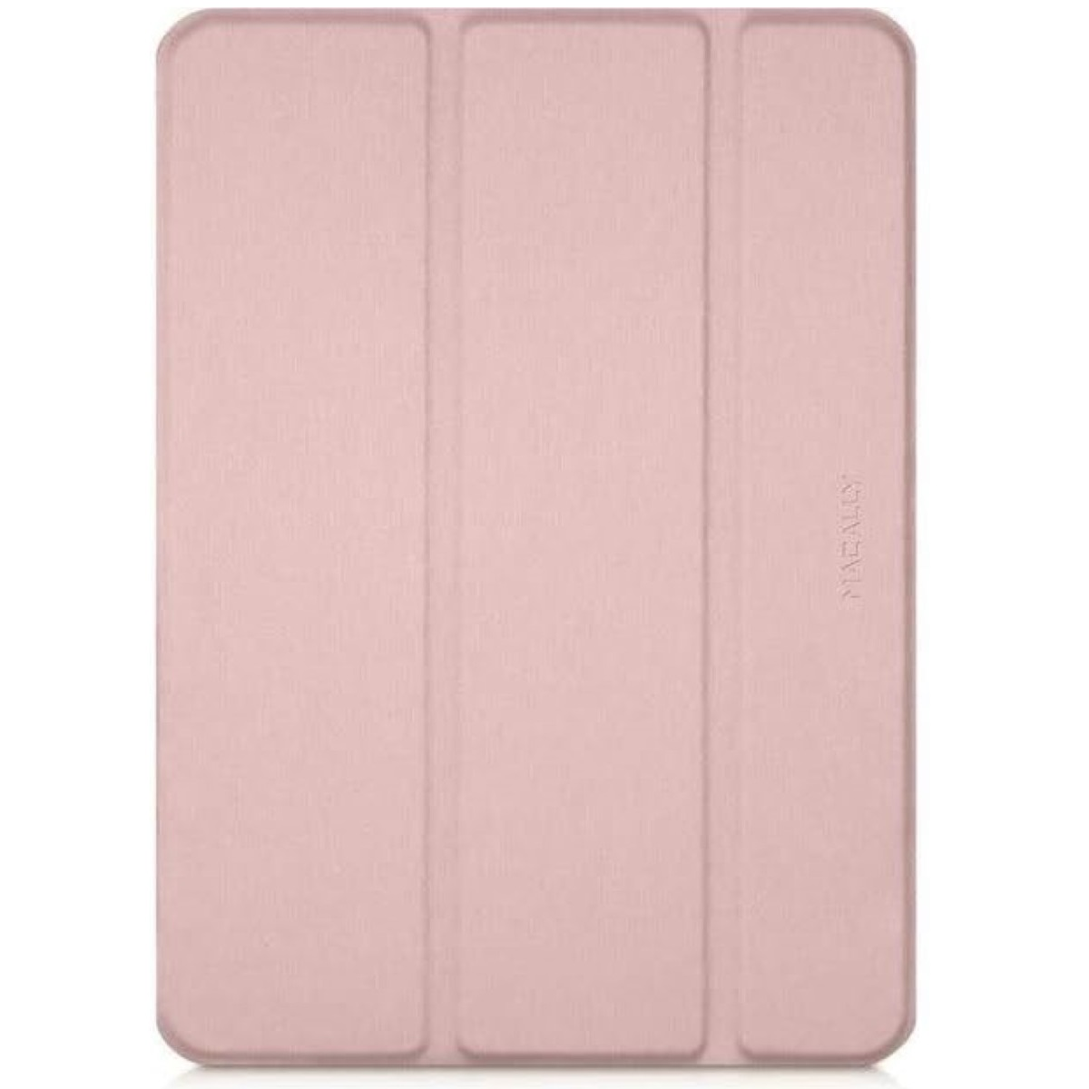 Eine hellrosa Tablethülle. Die Hülle hat ein dreifaches Design. Der Markenname MACALLY ist sichtbar.
