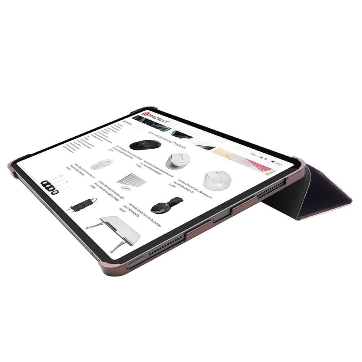 Ein iPad in einem Gehäuse, das eine Webseite mit Computerzubehör anzeigt. Das Gehäuse ist hochgeklappt und zeigt den Bildschirm schräg an.