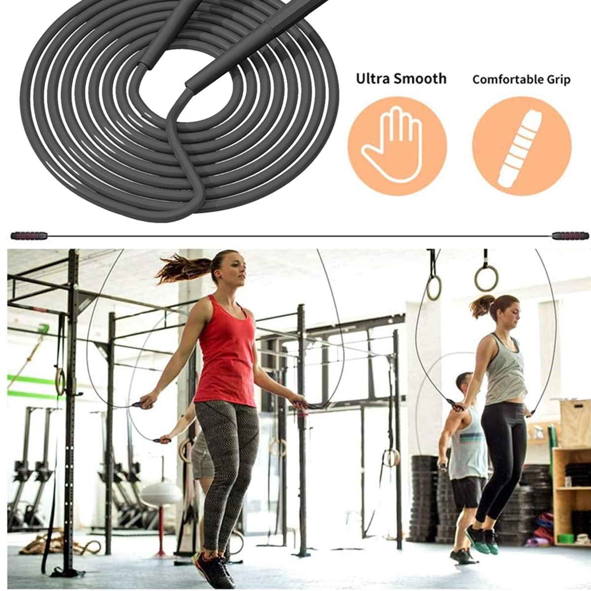 Drei Personen springen in einem Fitnessstudio Seil. Oben werden Seildetails und Symbole gezeigt. Personen tragen Sportkleidung.