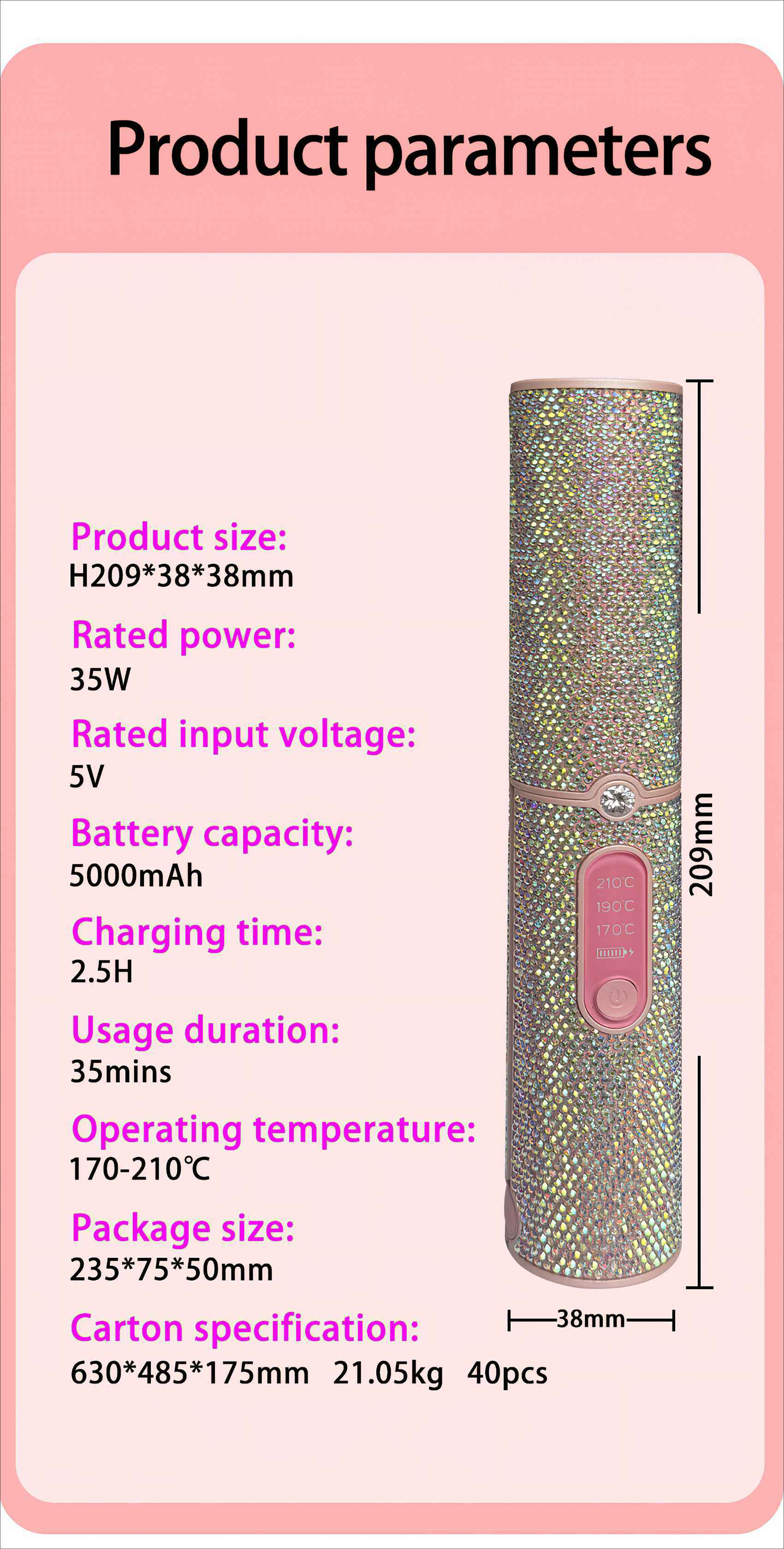 Das Bild zeigt Produktparameter. Enthält Abmessungen, Leistung, Spannung, Batterie, Ladezeit, Nutzungsdauer und Temperatur.