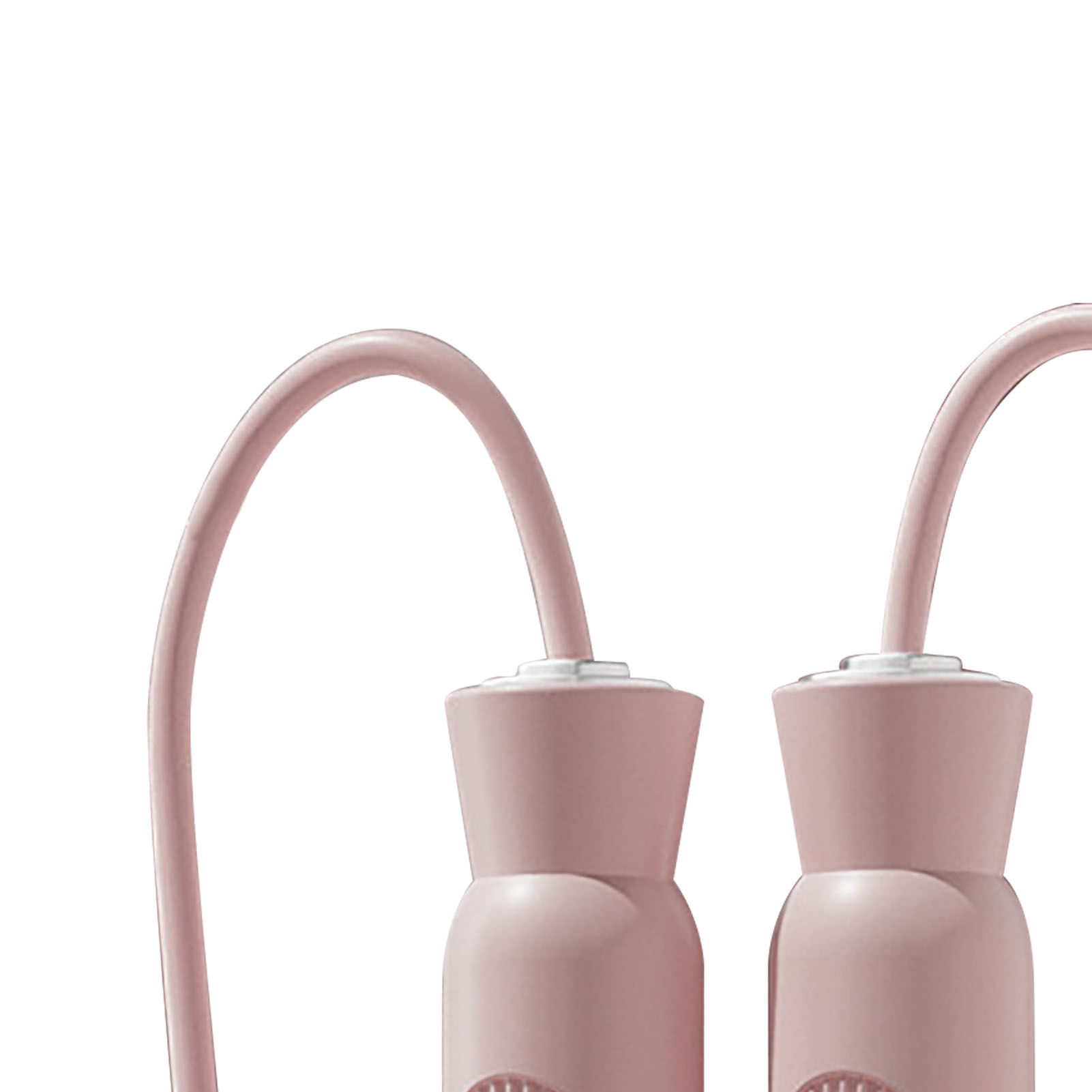 Zwei rosa Springseilgriffe mit gebogenen Seilen. Weißer Hintergrund.