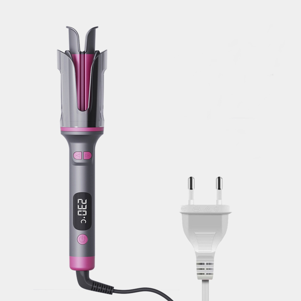 Ein grau-rosa Lockenstab mit Digitalanzeige (230°C) und ein weißer Stecker auf weißem Hintergrund.