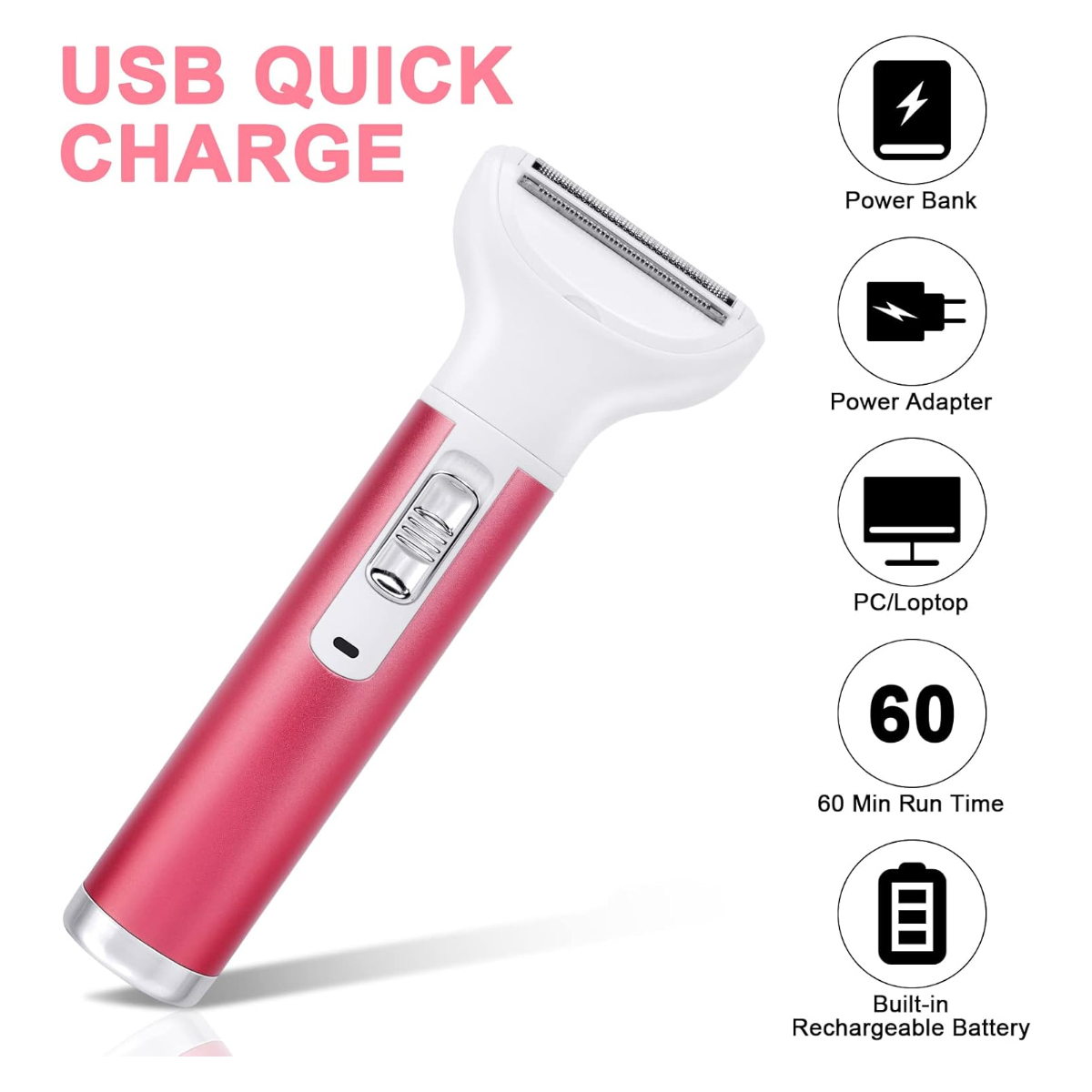 Ein rosa-weißer Elektrorasierer mit der Aufschrift 'USB Quick Charge'. Symbole zeigen Powerbank, Adapter, PC und Batterie.
