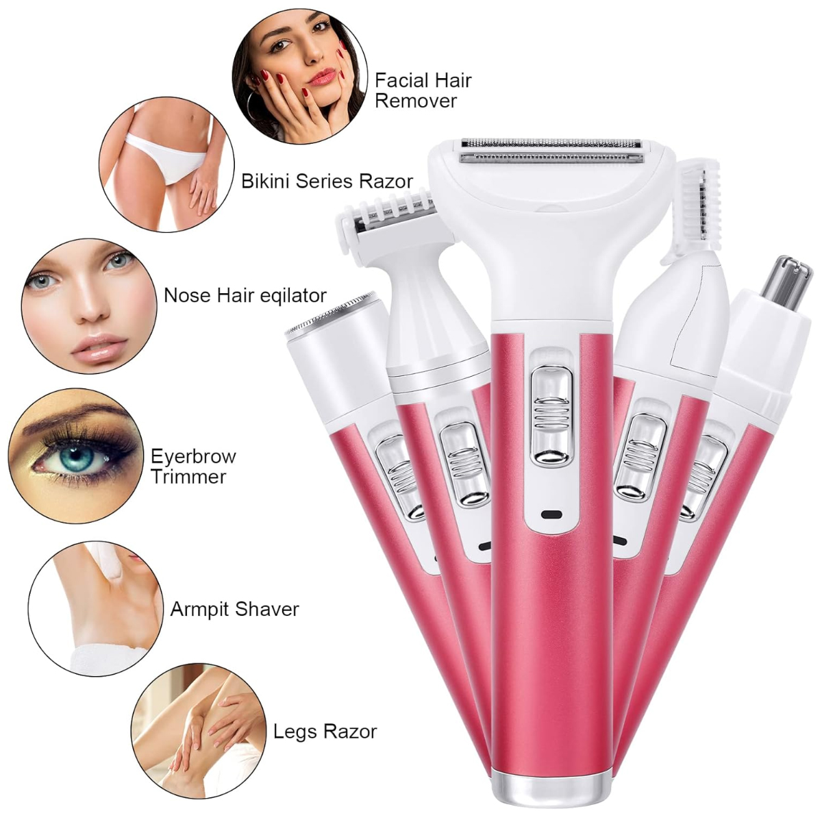 Ein rosa-weißes multifunktionales Pflege-Set. Enthält Rasierer für Gesicht, Bikinizone, Nase, Augenbrauen, Achseln und Beine. Zubehör wird gezeigt.