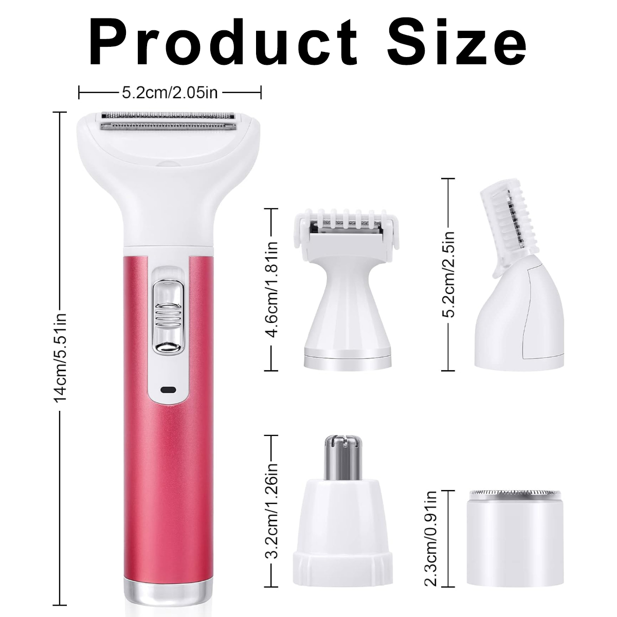Das Bild zeigt ein Produkt mit verschiedenen Aufsätzen. Der Hauptteil ist rosa und weiß, mit Größenangaben. Der Text Produktgröße steht oben.